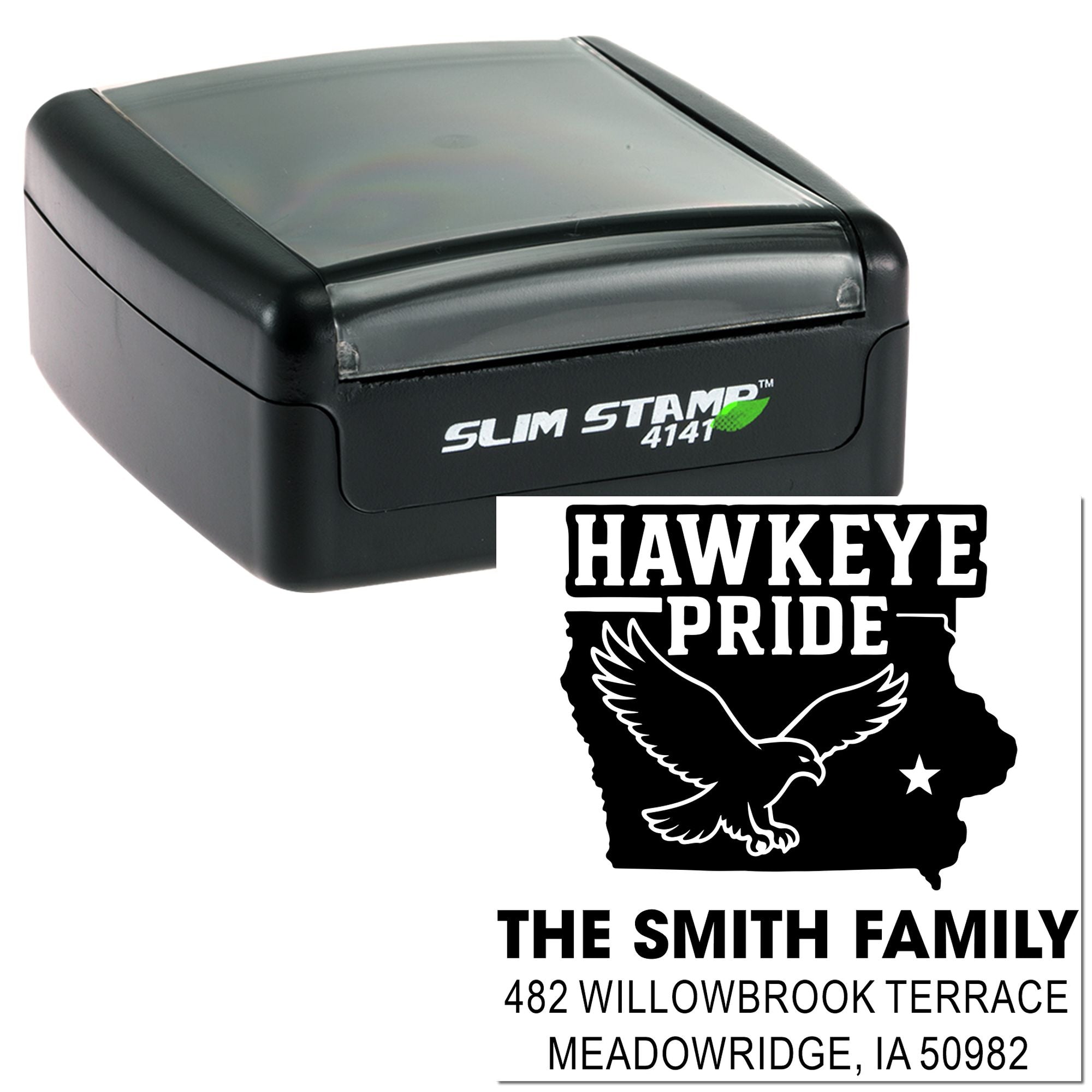 Custom Hawkeye Pride address rubber stamp with eagle and Iowa design for The Smith Family, Meadowridge, IA 50982