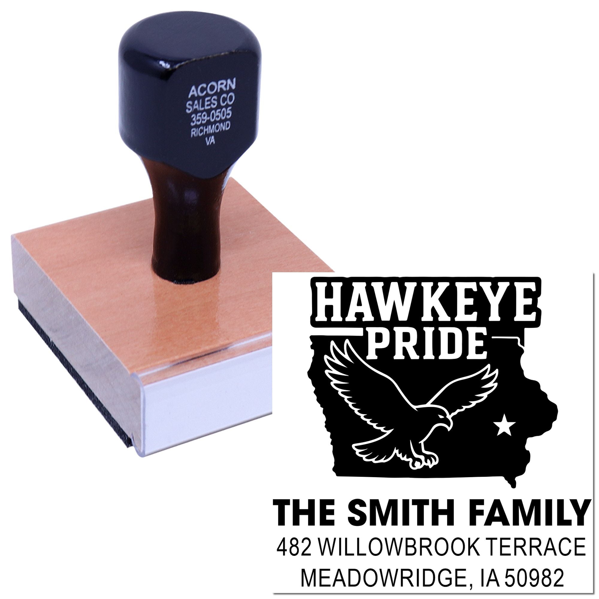 Custom address rubber stamp for The Smith Family, featuring Hawkeye Pride Iowa state design and eagle logo.