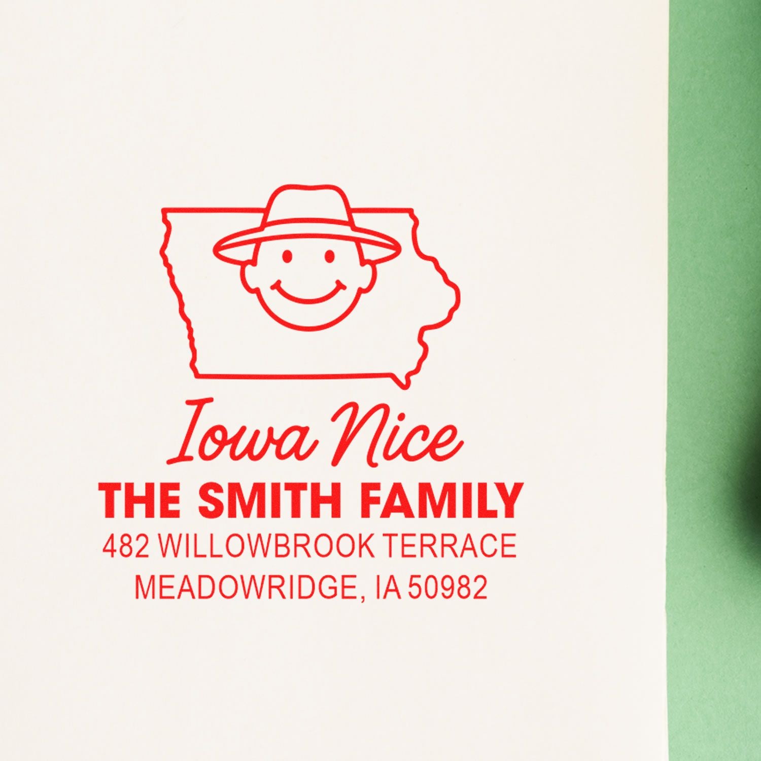 Custom Iowa Nice family return address rubber stamp with Iowa outline design and The Smith Family address, Meadowridge, IA.