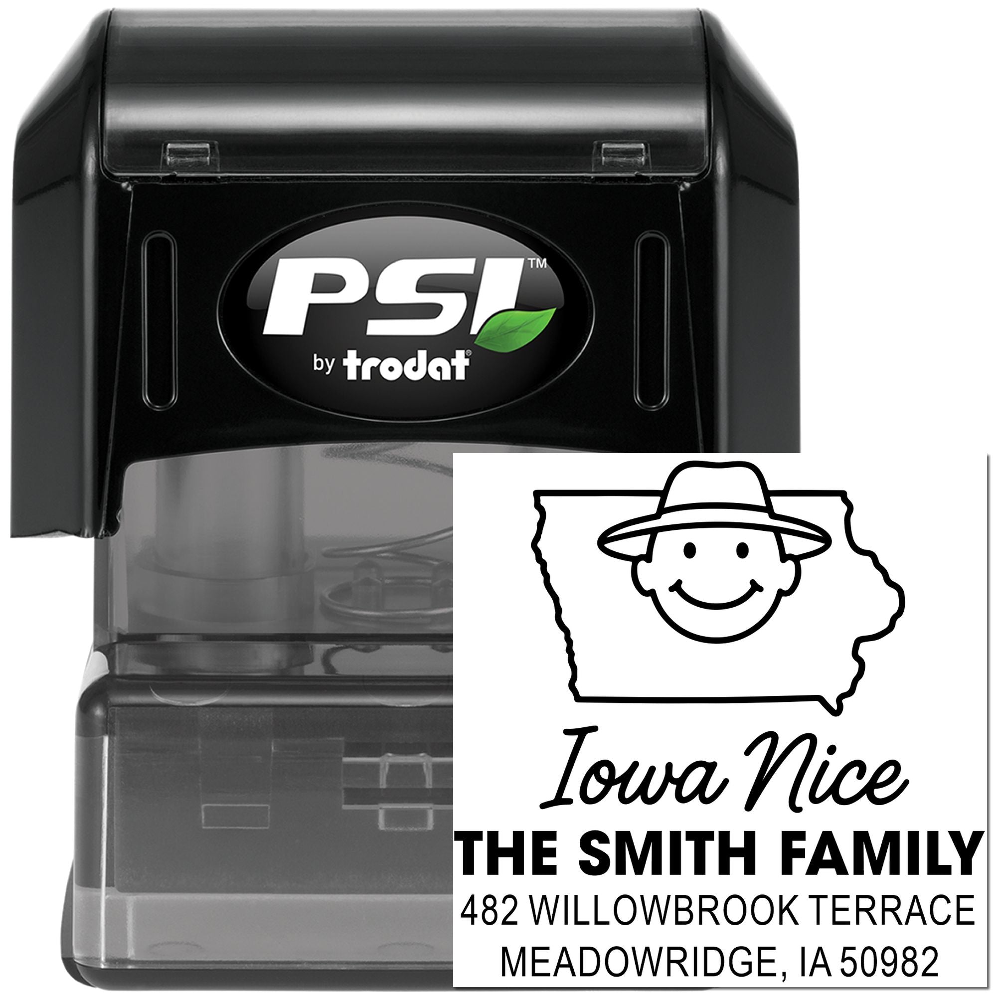 Custom self-inking Iowa address rubber stamp with Iowa Nice design, family name, and return address for envelopes.