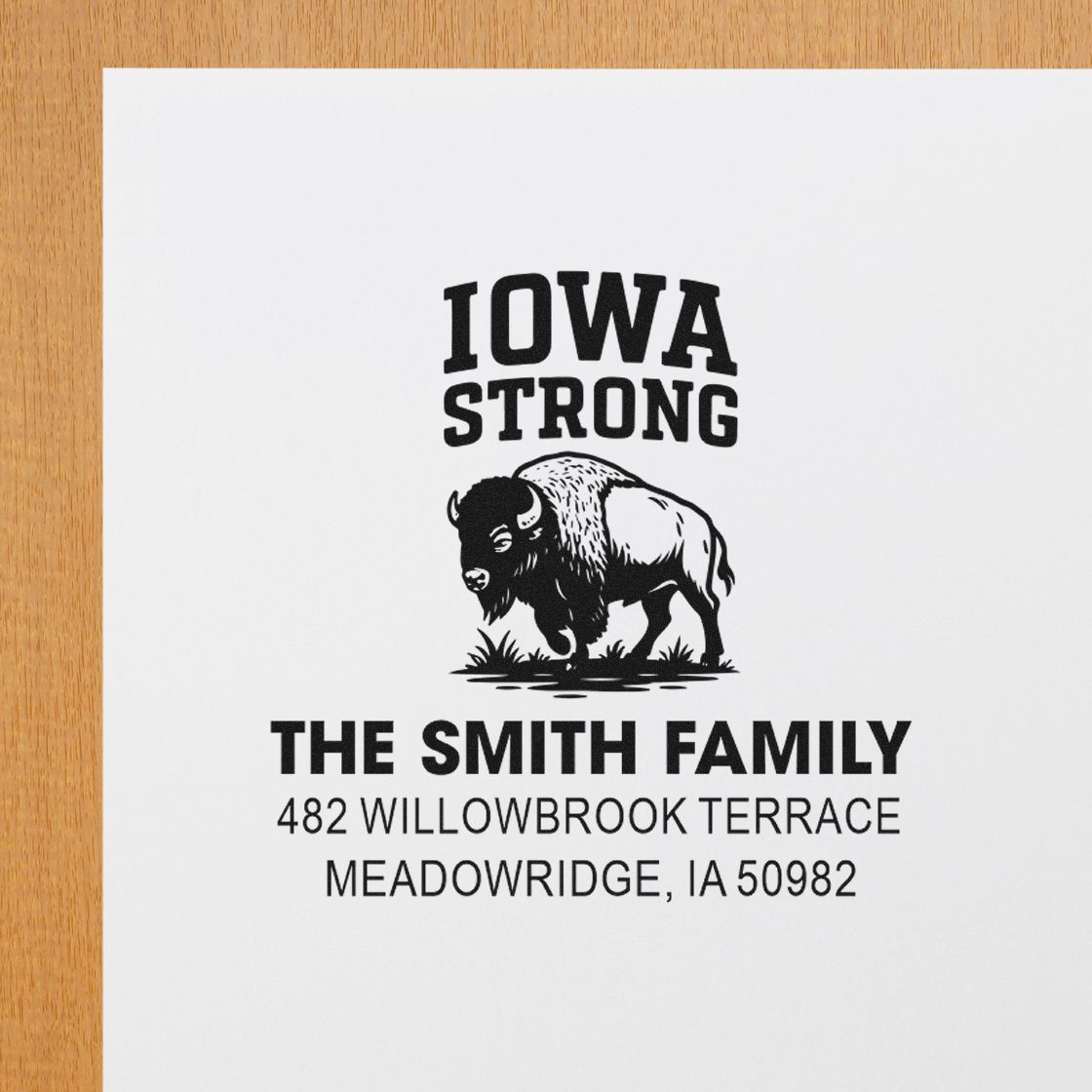 Custom Iowa Strong address rubber stamp for The Smith Family, with buffalo graphic and Meadowridge, IA return address.