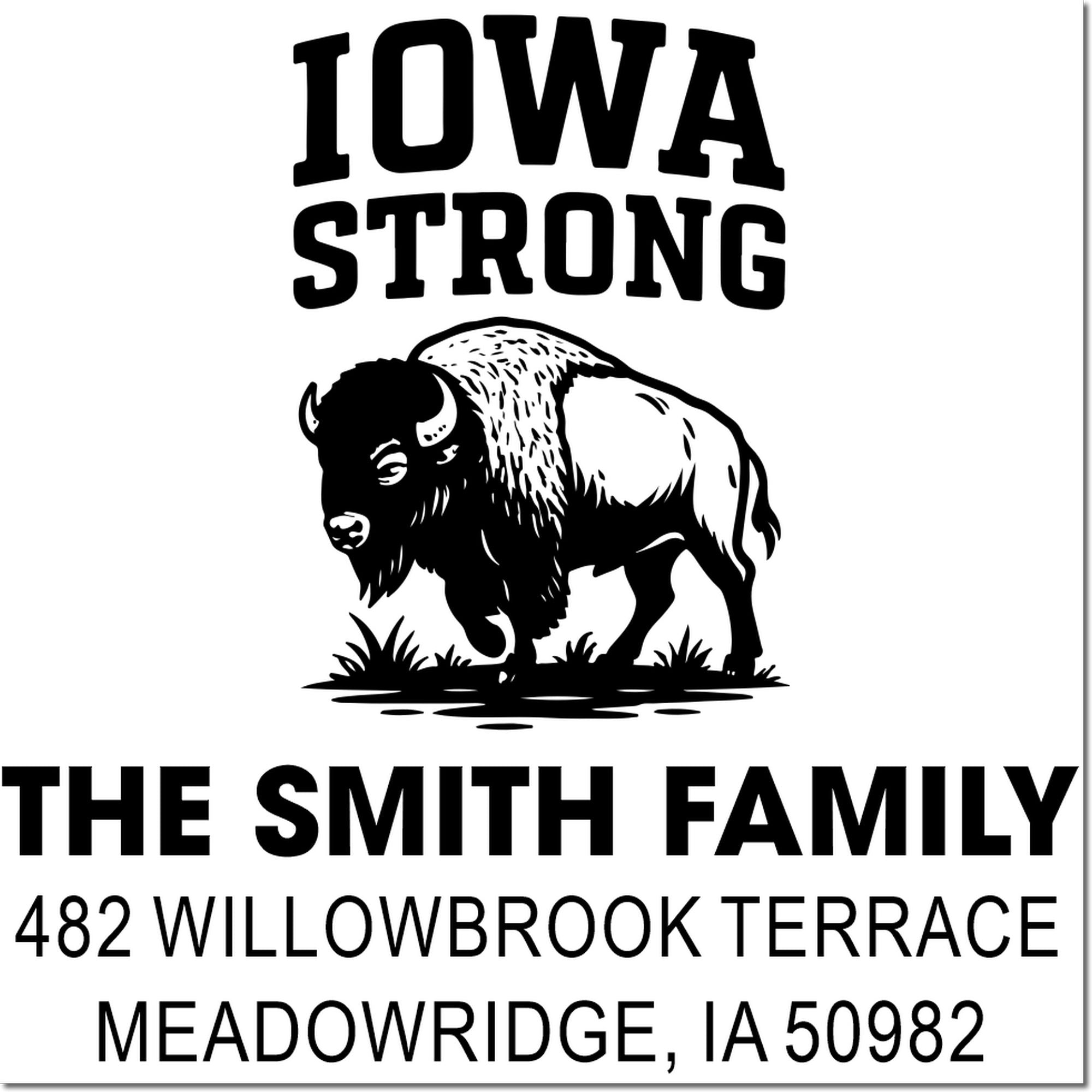 Custom Iowa Strong return address rubber stamp with bison graphic, personalized family name, and Meadowridge, IA 50982.