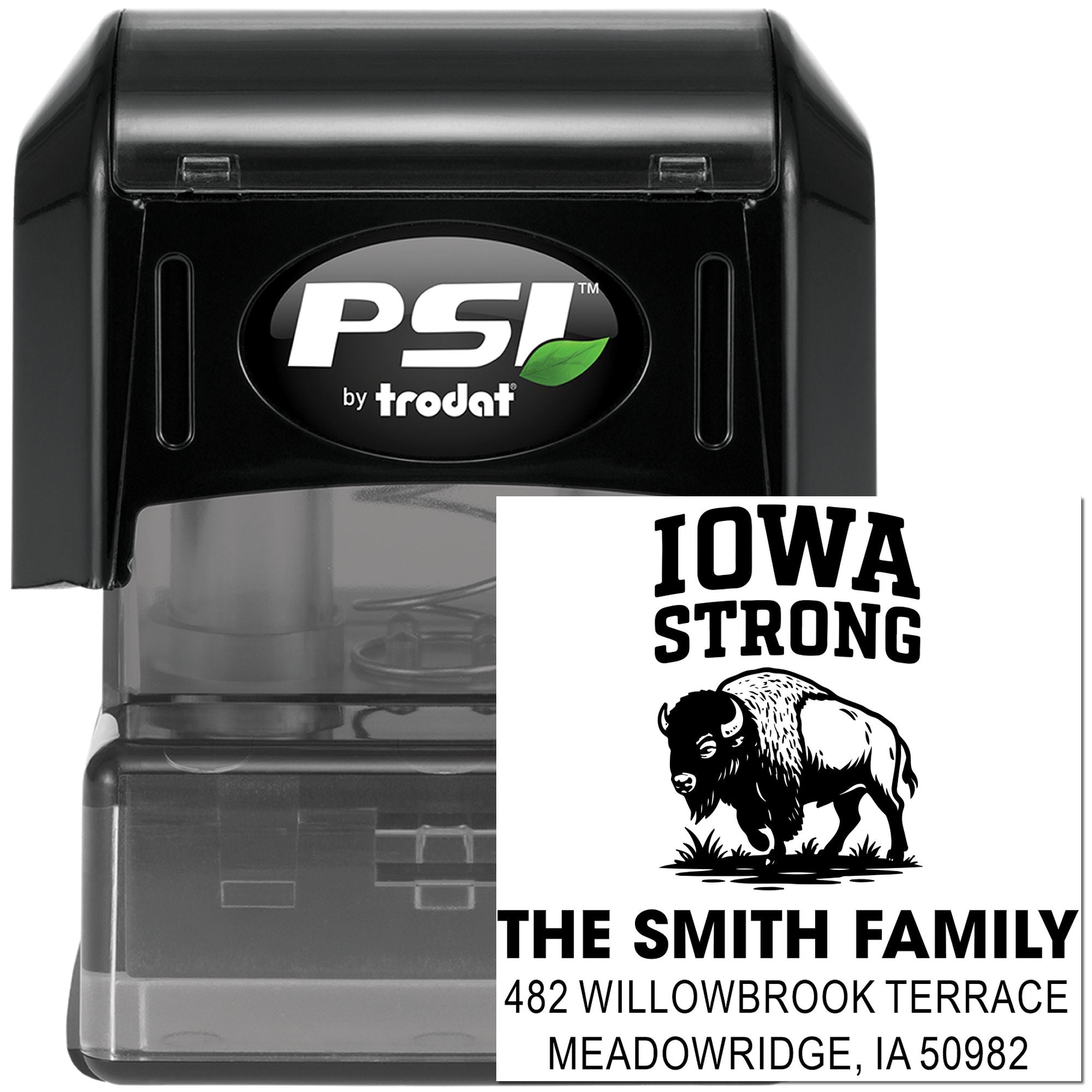 Custom self-inking rubber address stamp by PSI Trodat, featuring Iowa Strong buffalo design and Smith family return address.
