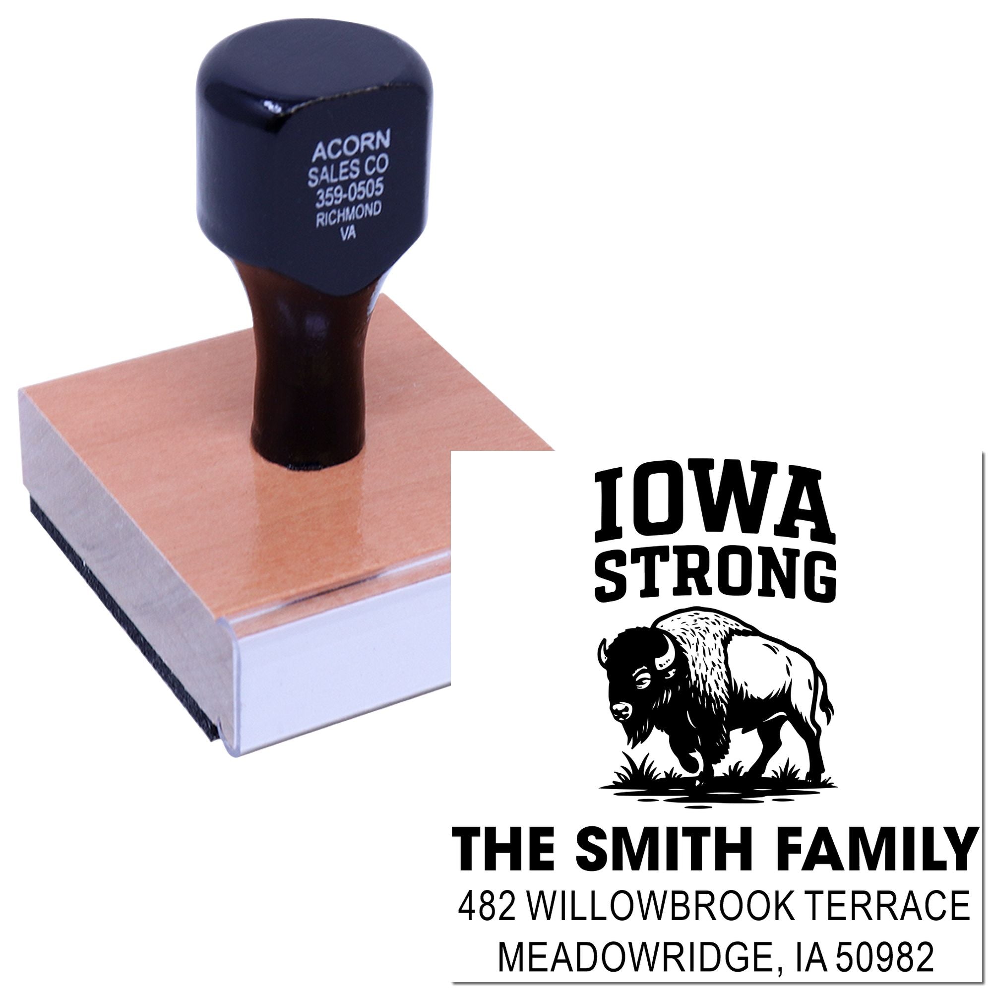 Custom Iowa Strong return address rubber stamp with bison design for The Smith Family.