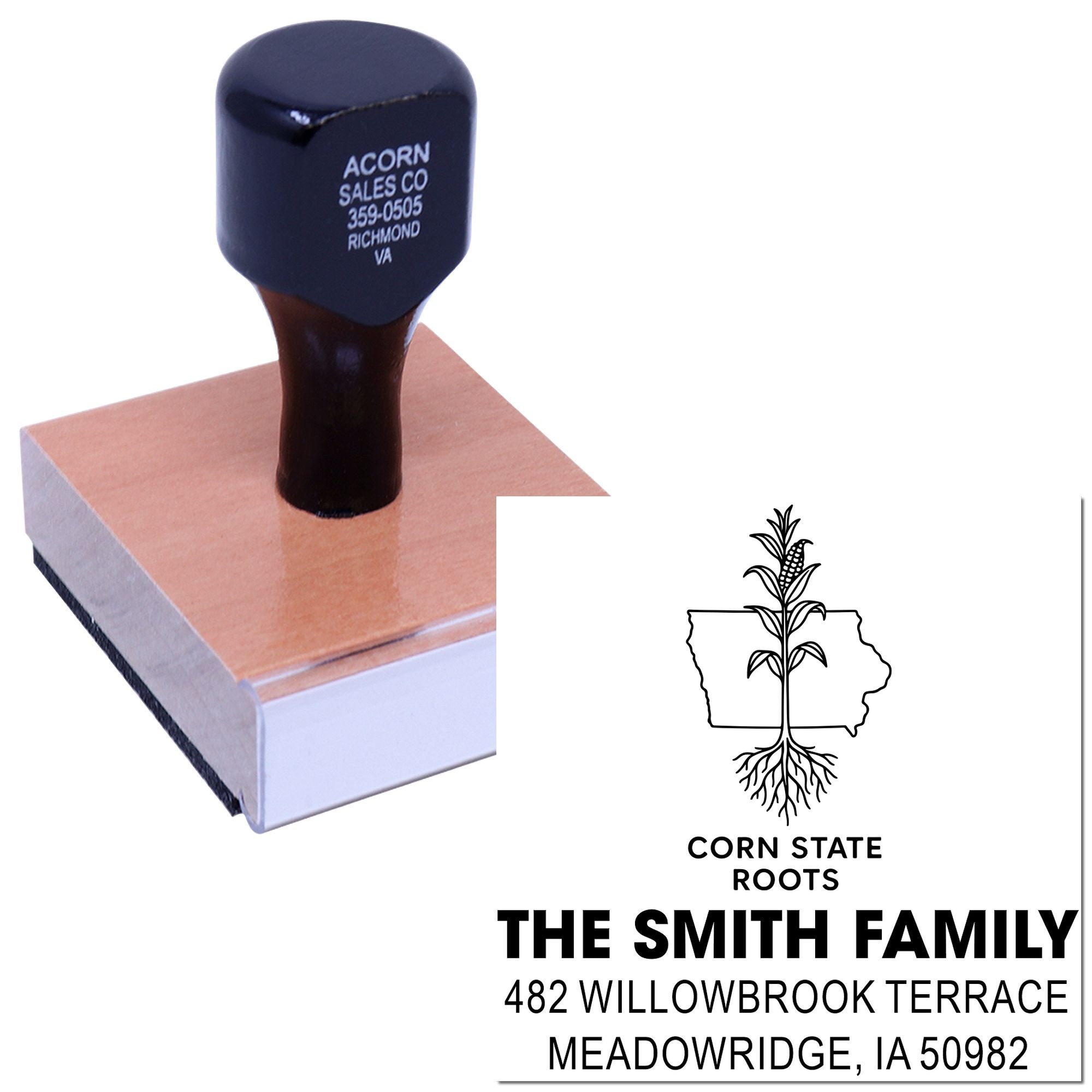 Personalized rubber stamp with wood handle showing a custom business address and logo imprint sample.