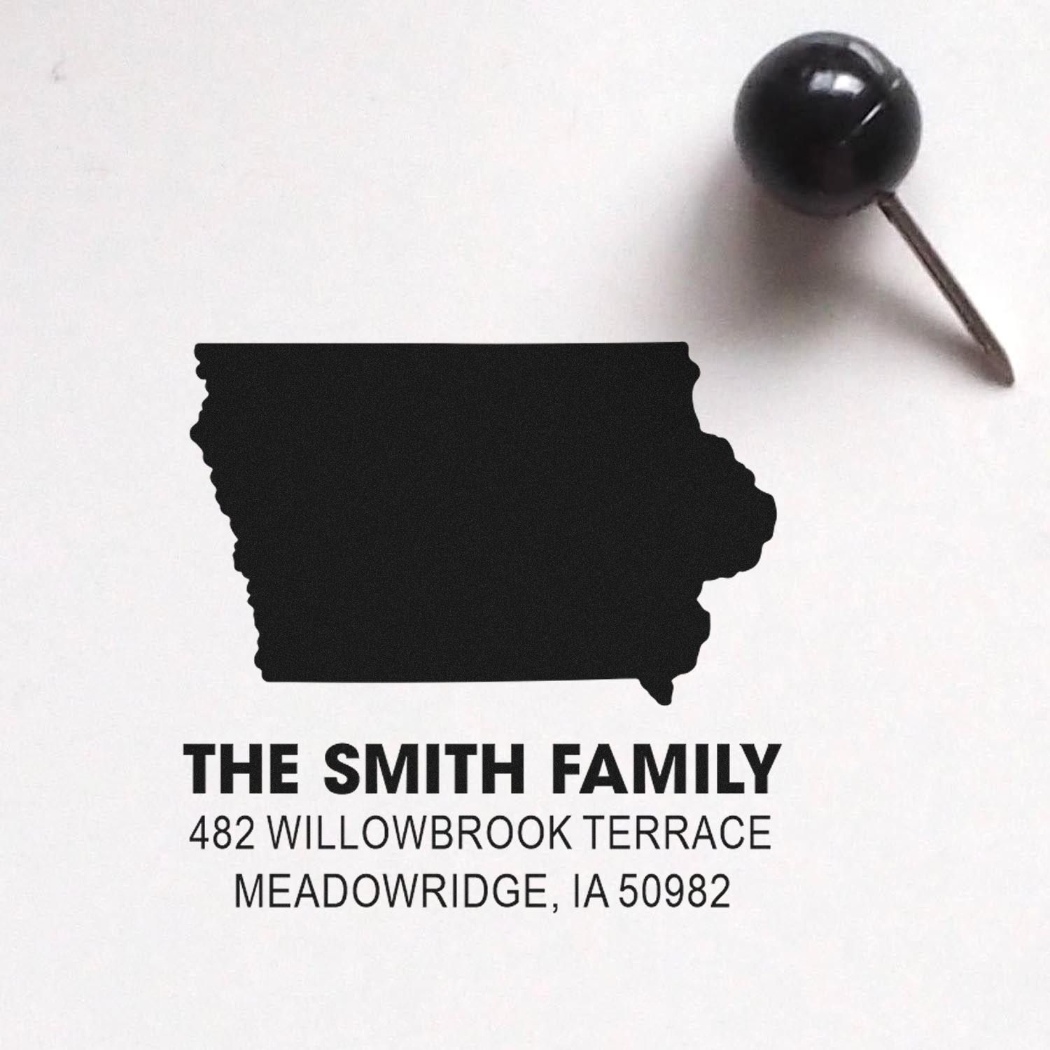 Custom Iowa return address rubber stamp for The Smith Family, with Meadowridge, IA 50982 mailing address.