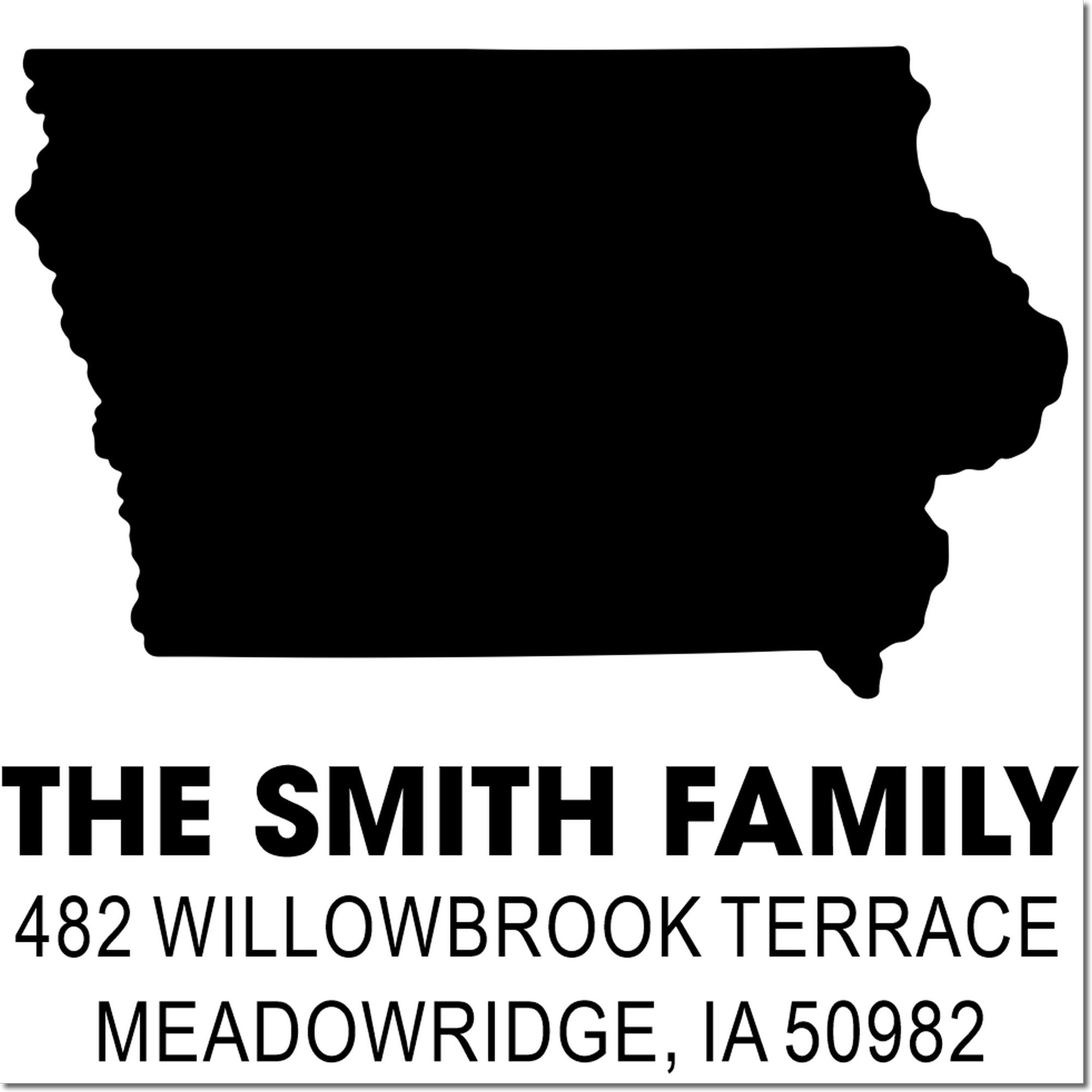 Custom Iowa address rubber stamp for The Smith Family, 482 Willowbrook Terrace, Meadowridge, IA 50982.