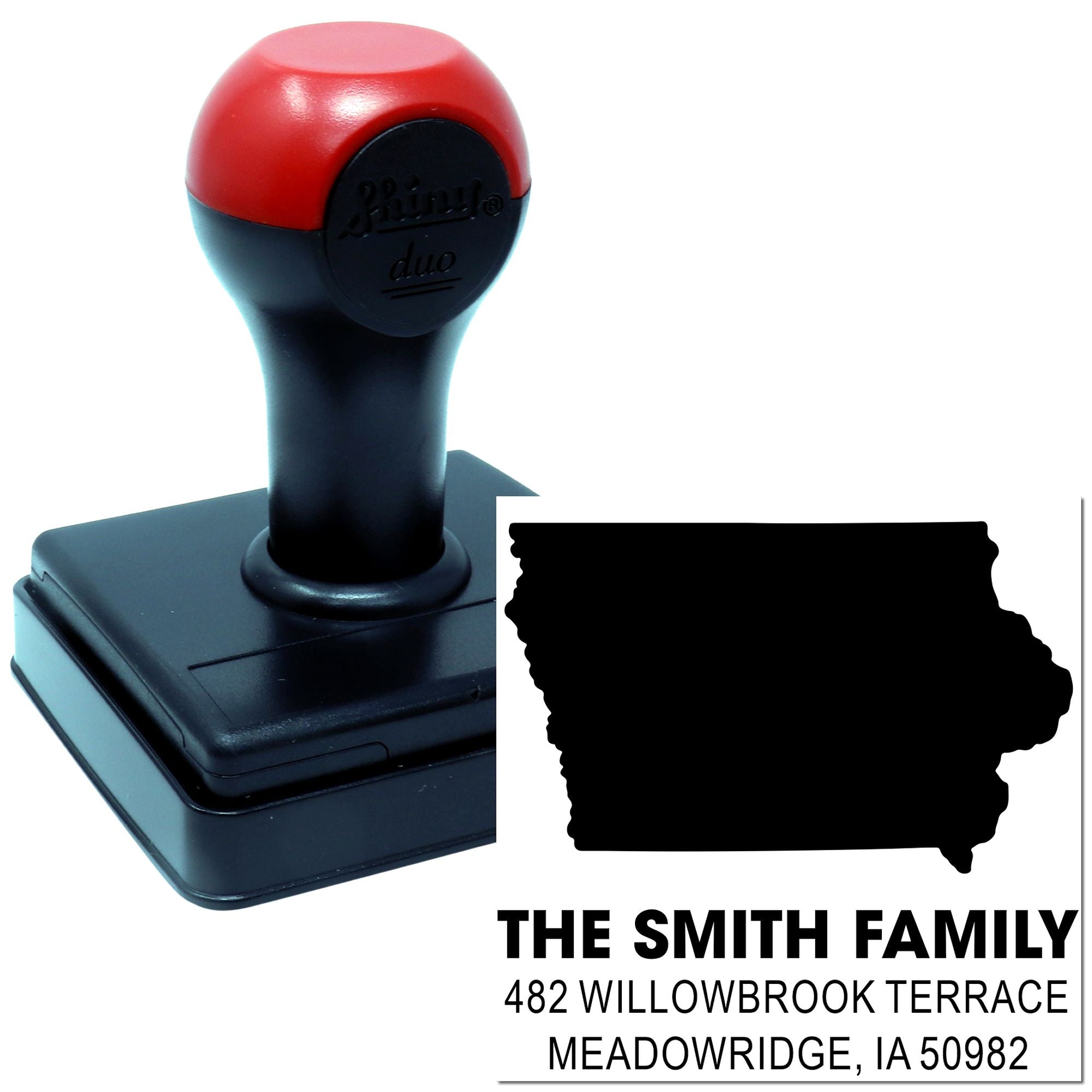 Custom self-inking address rubber stamp for The Smith Family, 482 Willowbrook Terrace, Meadowridge, IA 50982