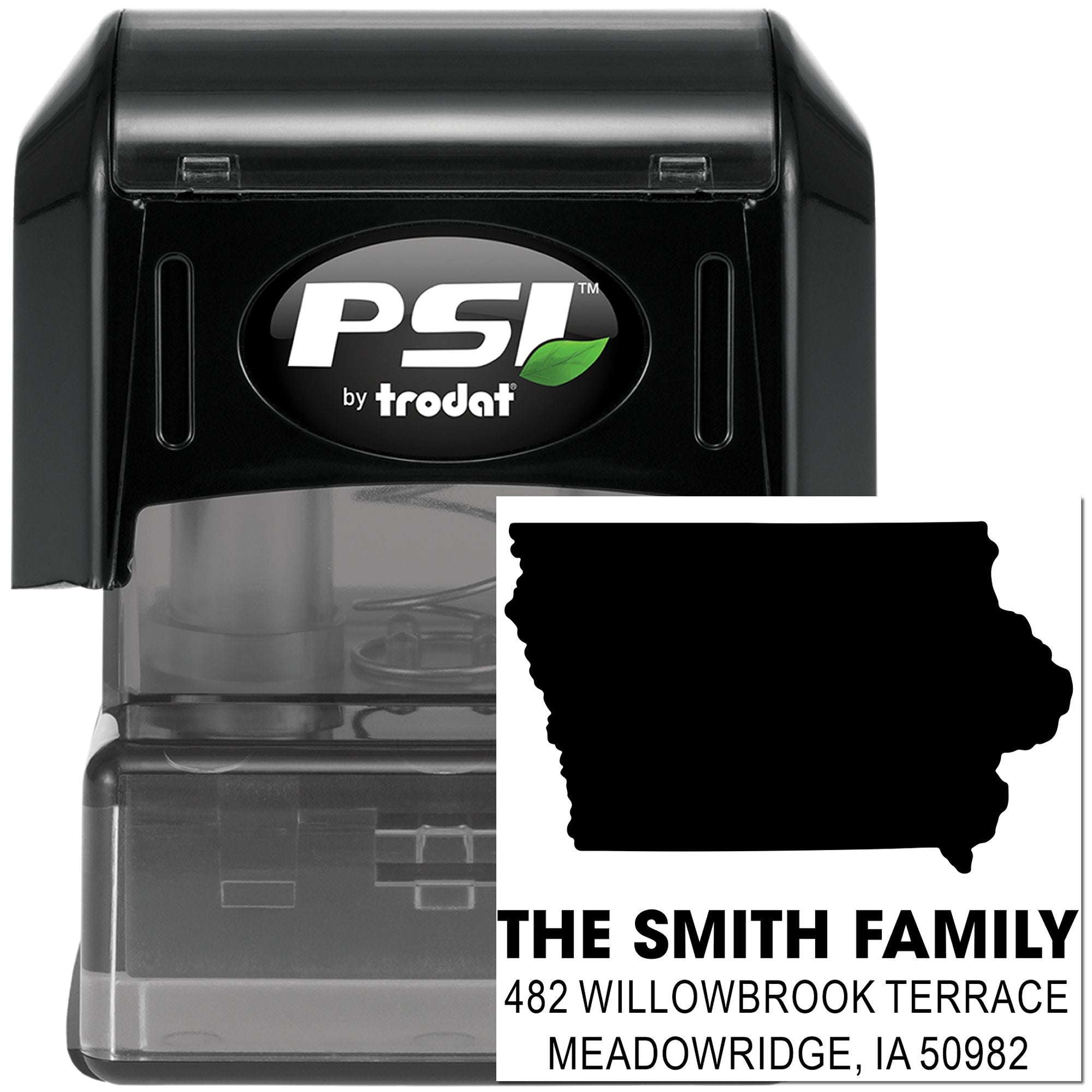 Custom self-inking address rubber stamp by PSI by Trodat with family name, Iowa silhouette, and return address.