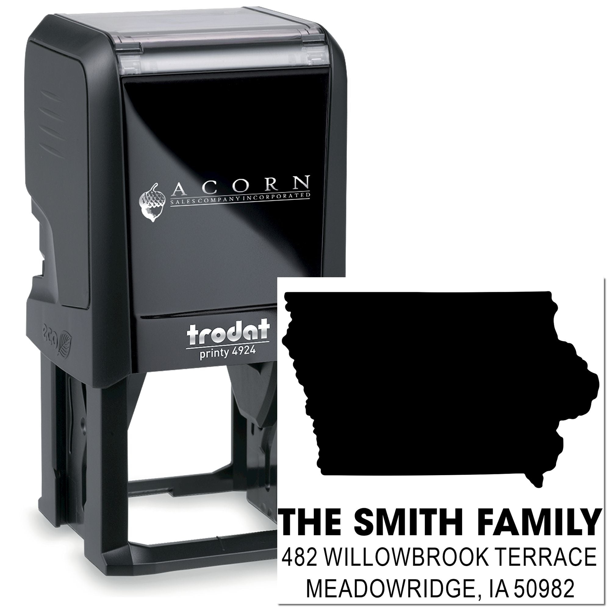Custom self-inking rubber address stamp with Trodat Printy 4924, The Smith Family return address and state silhouette.