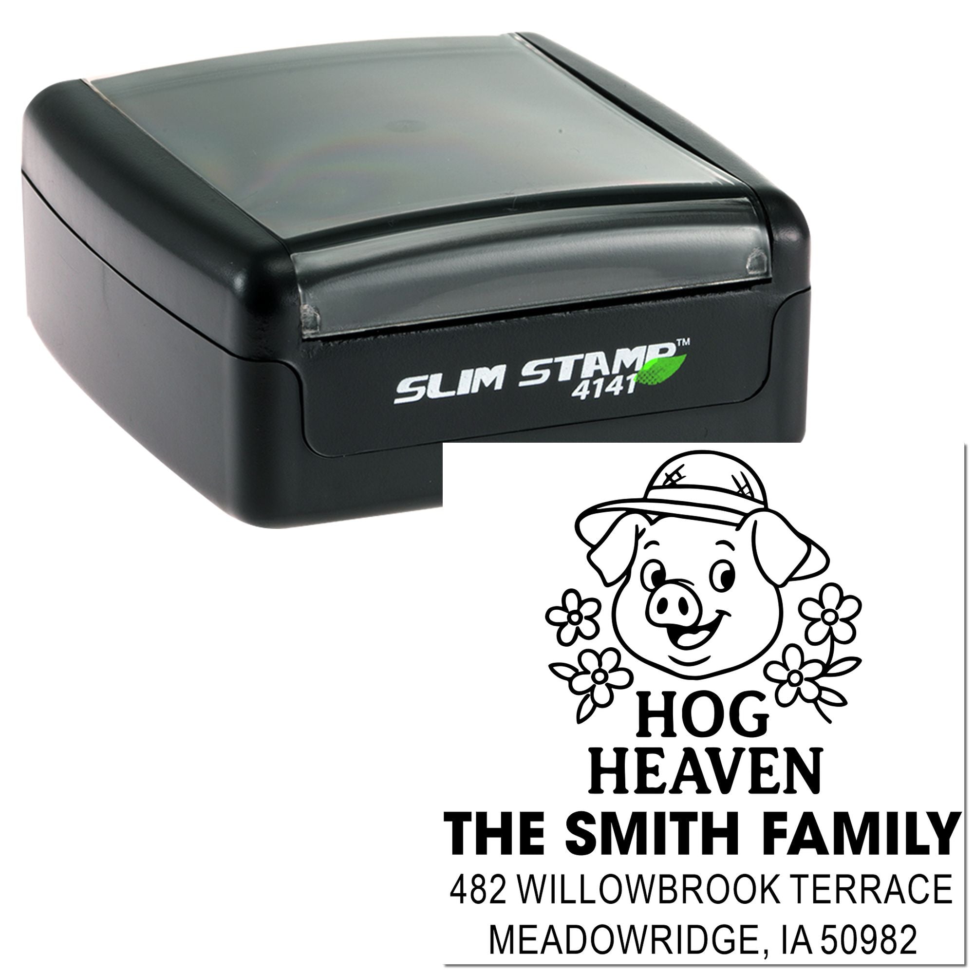 Custom Slim Stamp 4141 address rubber stamp with pig Hog Heaven design for The Smith Family, Meadowridge, IA return address.