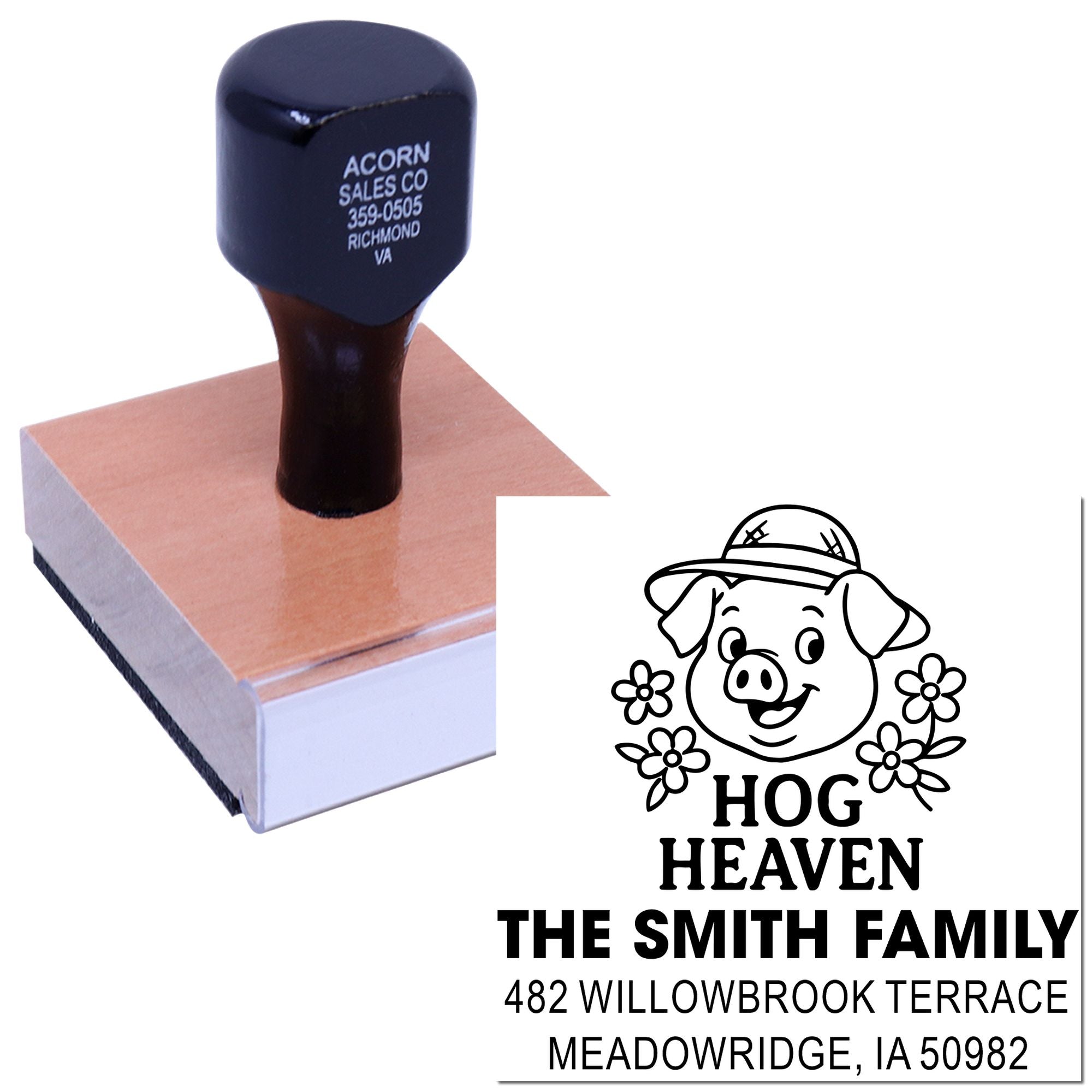 Personalized rubber stamp with Hog Heaven pig design and custom family return address for mailing and crafts.