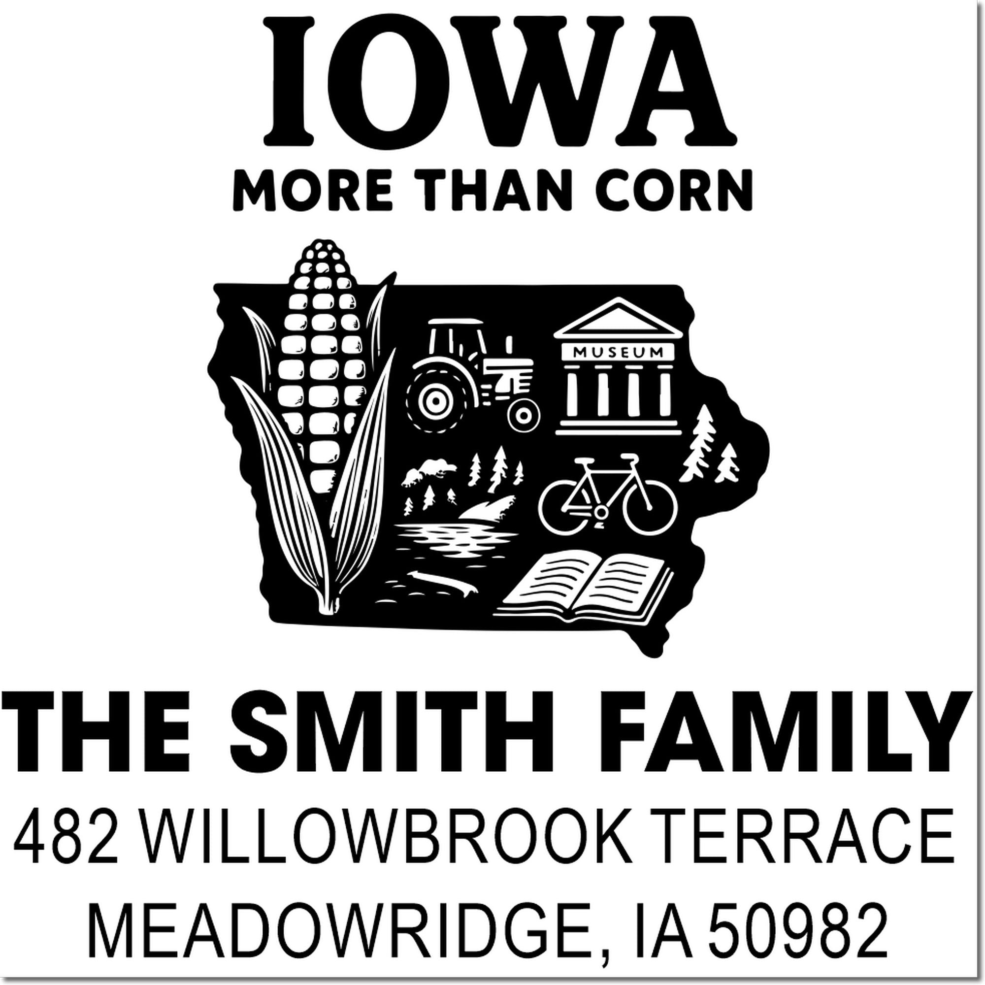 Custom Iowa family address rubber stamp with corn, tractor and hobby icons for The Smith Family, Meadowridge, IA 50982.