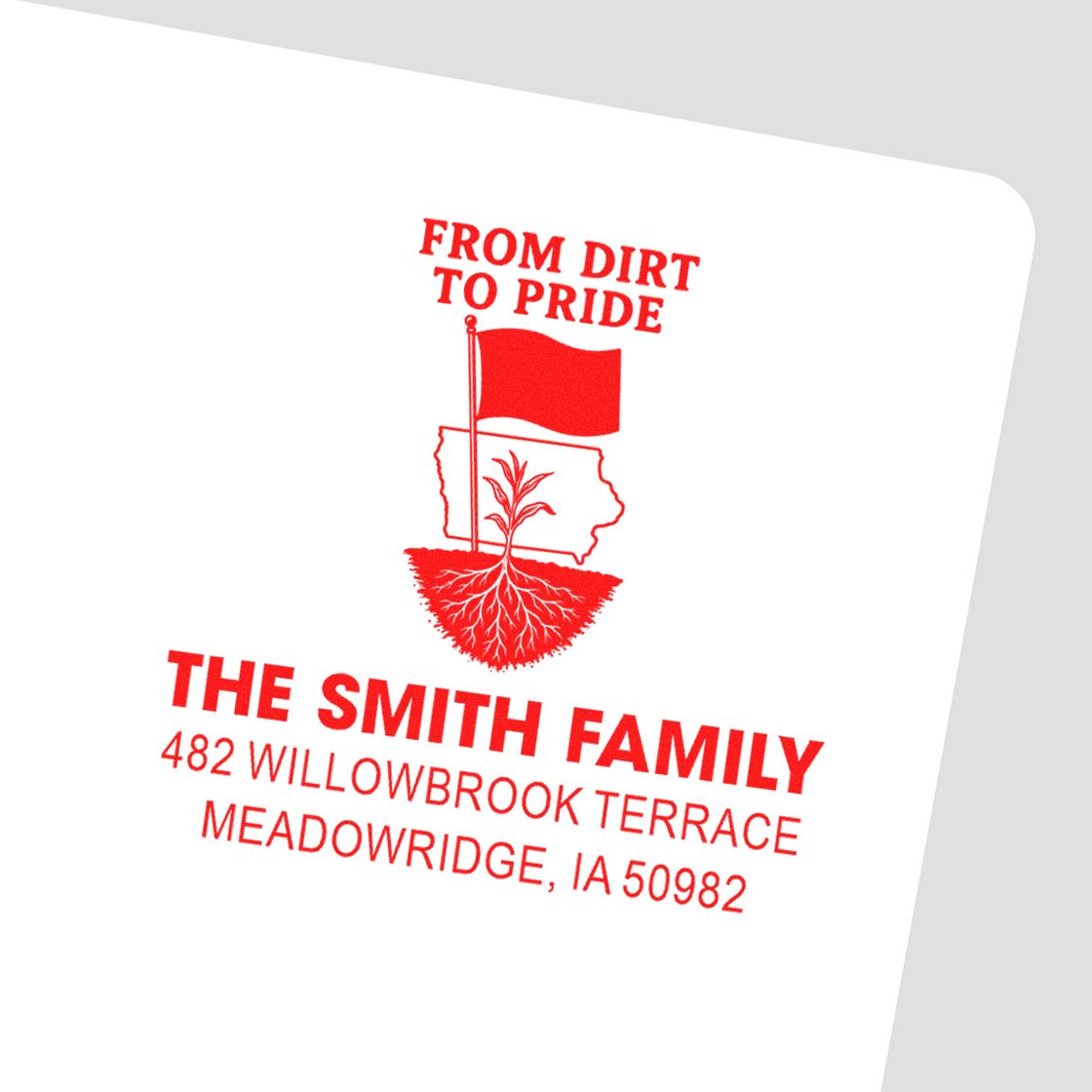 Custom family address rubber stamp with From Dirt to Pride farm design and Iowa return address for The Smith Family.
