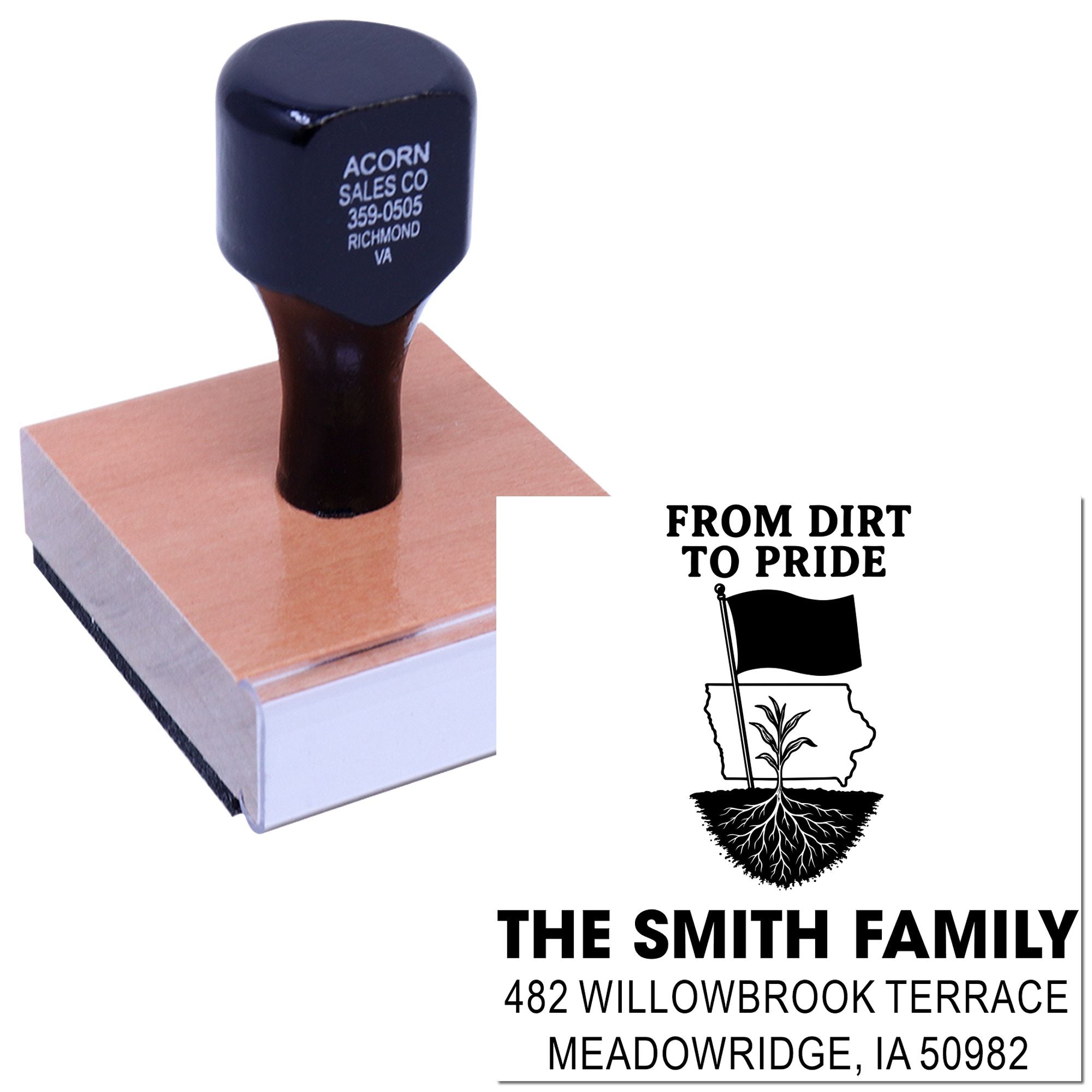 Custom rubber stamp for a family address and garden pride design, showing the imprint and stamp handle on a block.