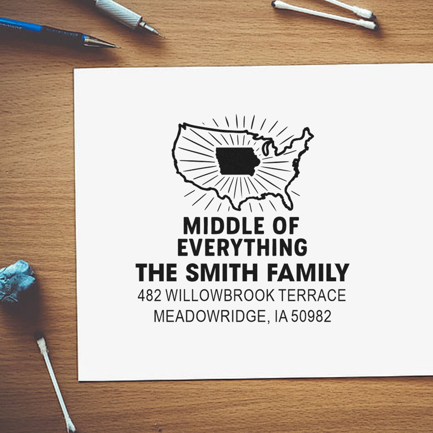 Custom rubber address stamp with U.S. map design and The Smith Family return address for personalized mail.
