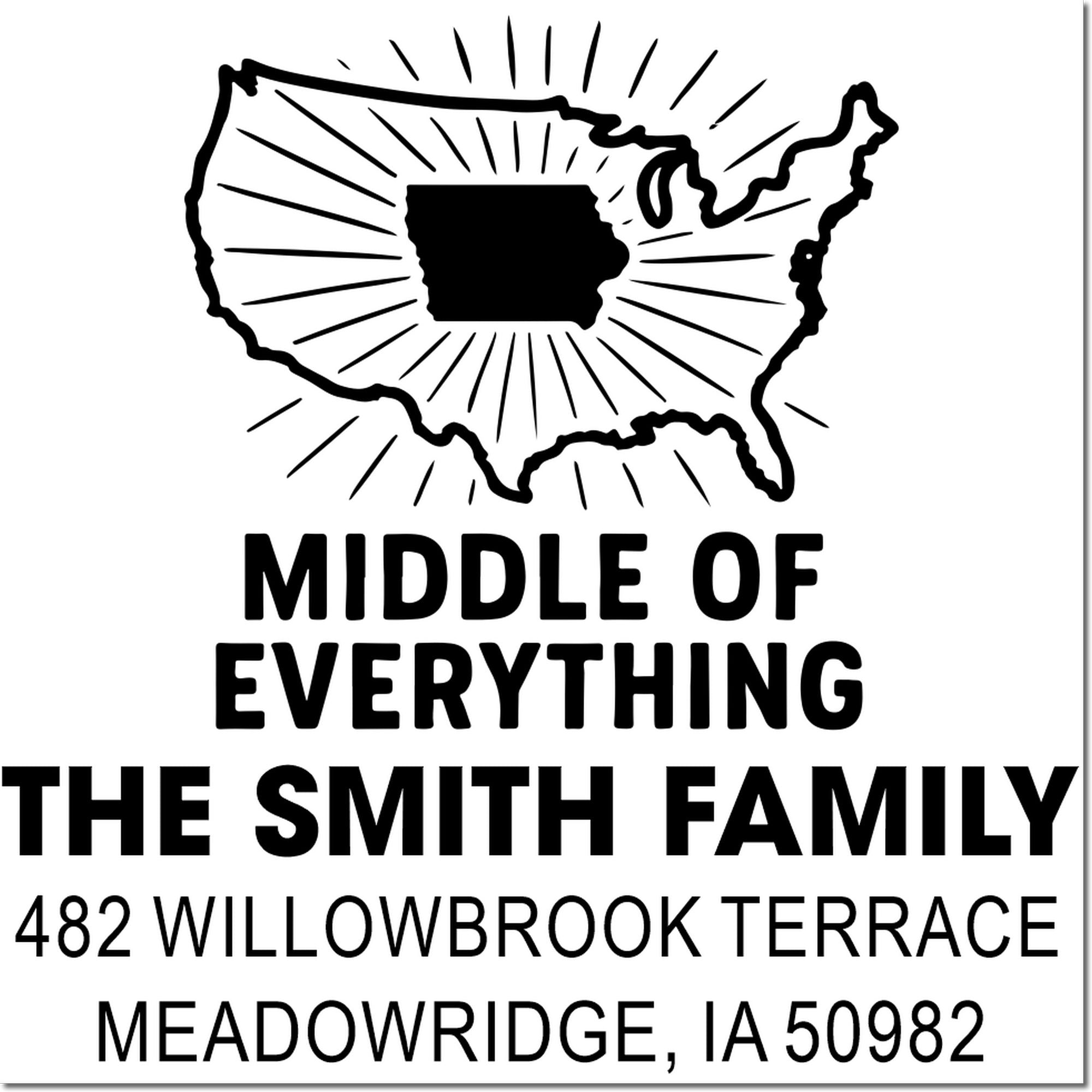 Personalized return address rubber stamp with U.S. map and Iowa highlight for The Smith Family, Meadowridge, IA 50982.