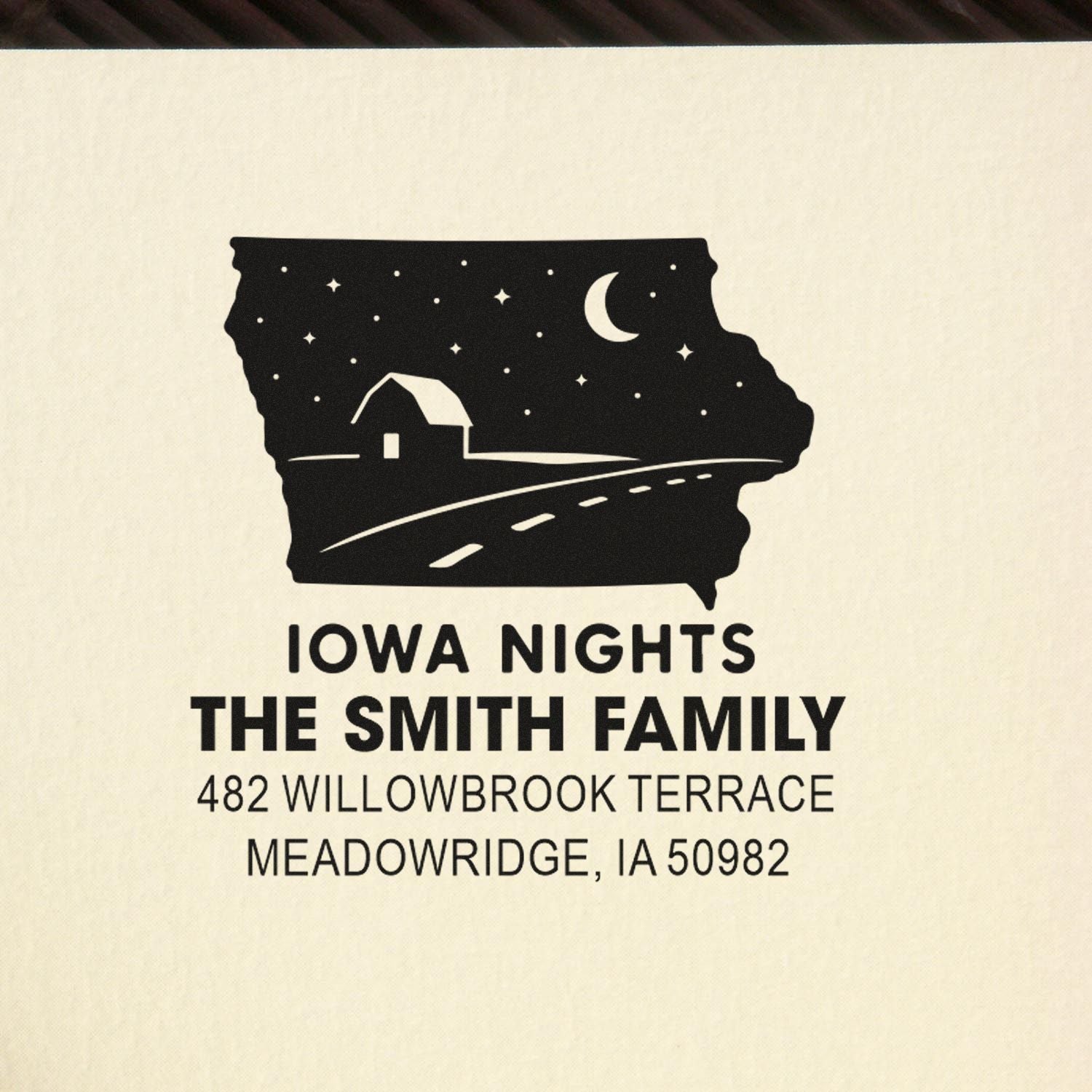 Custom Iowa return address rubber stamp with night farmhouse design, The Smith Family, Meadowridge, IA 50982
