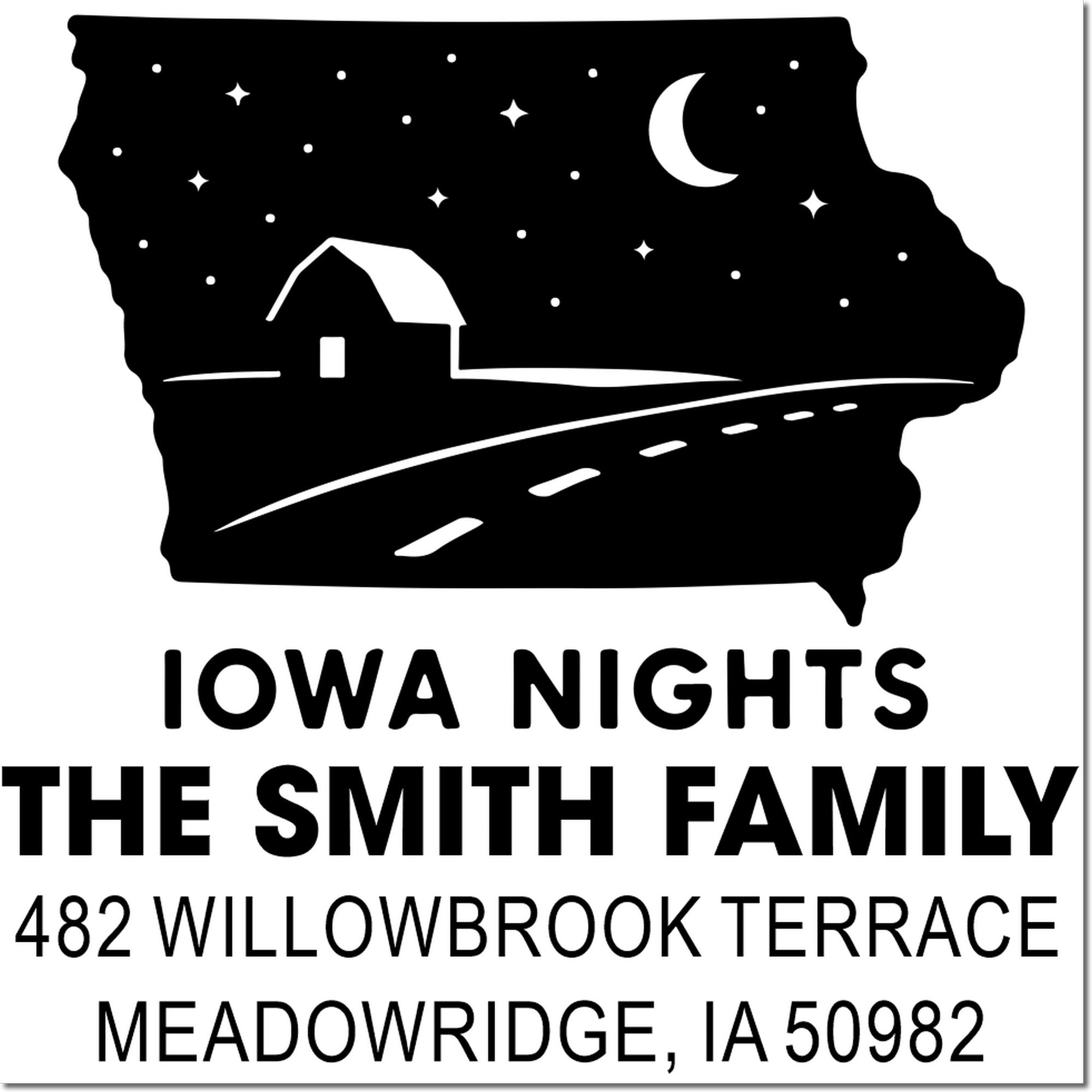 Custom Iowa nights return address rubber stamp featuring The Smith family and Meadowridge, IA 50982.