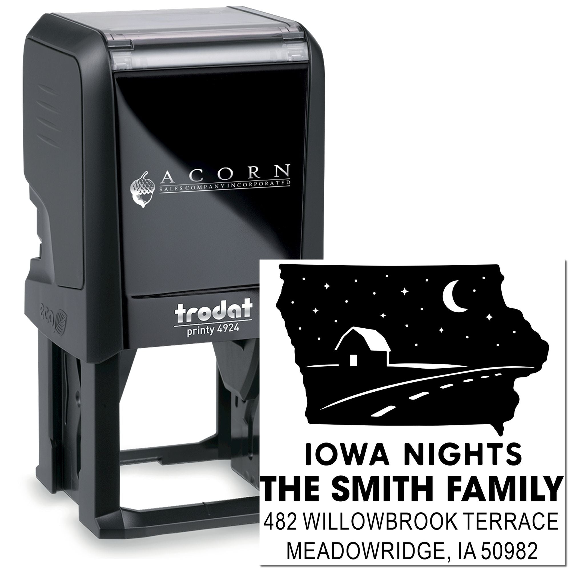 Custom self-inking Trodat rubber address stamp with Iowa Nights design for The Smith Family, Meadowridge, IA.
