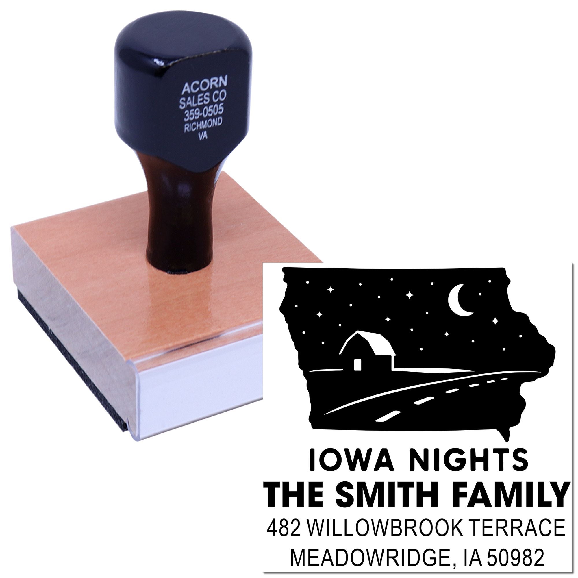 Custom Iowa Nights return address rubber stamp with family name and home address for personalized mailings.