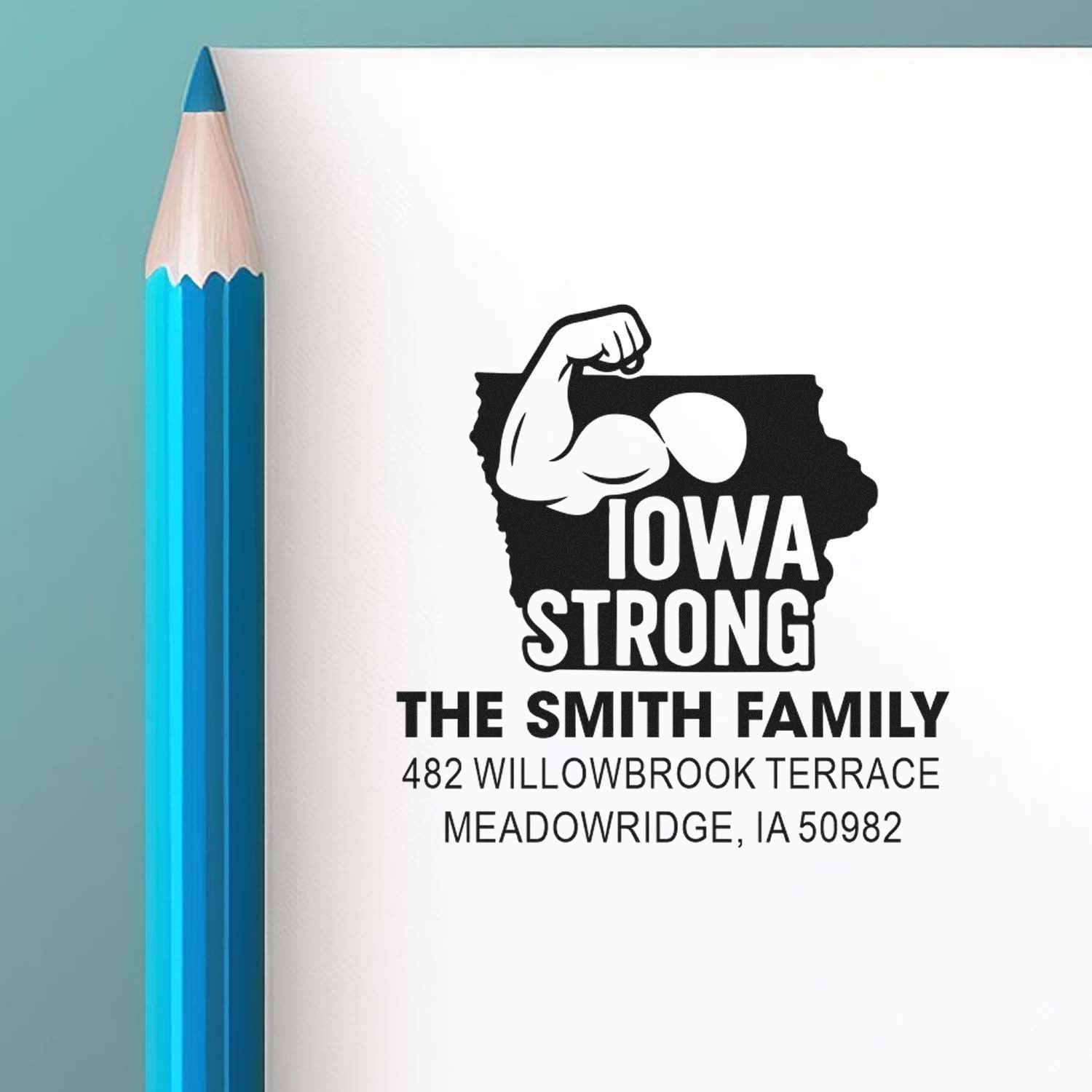 Custom Iowa Strong return address rubber stamp for The Smith Family with state outline and flexed arm logo.