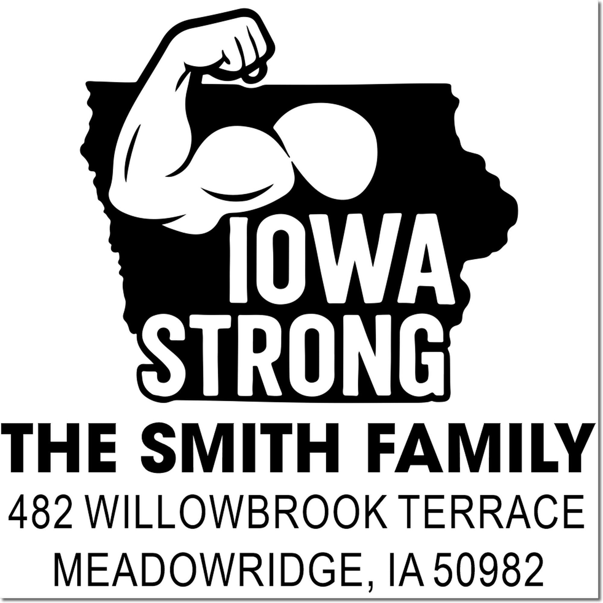 Custom Iowa Strong return address rubber stamp for the Smith family with Iowa outline and home address.