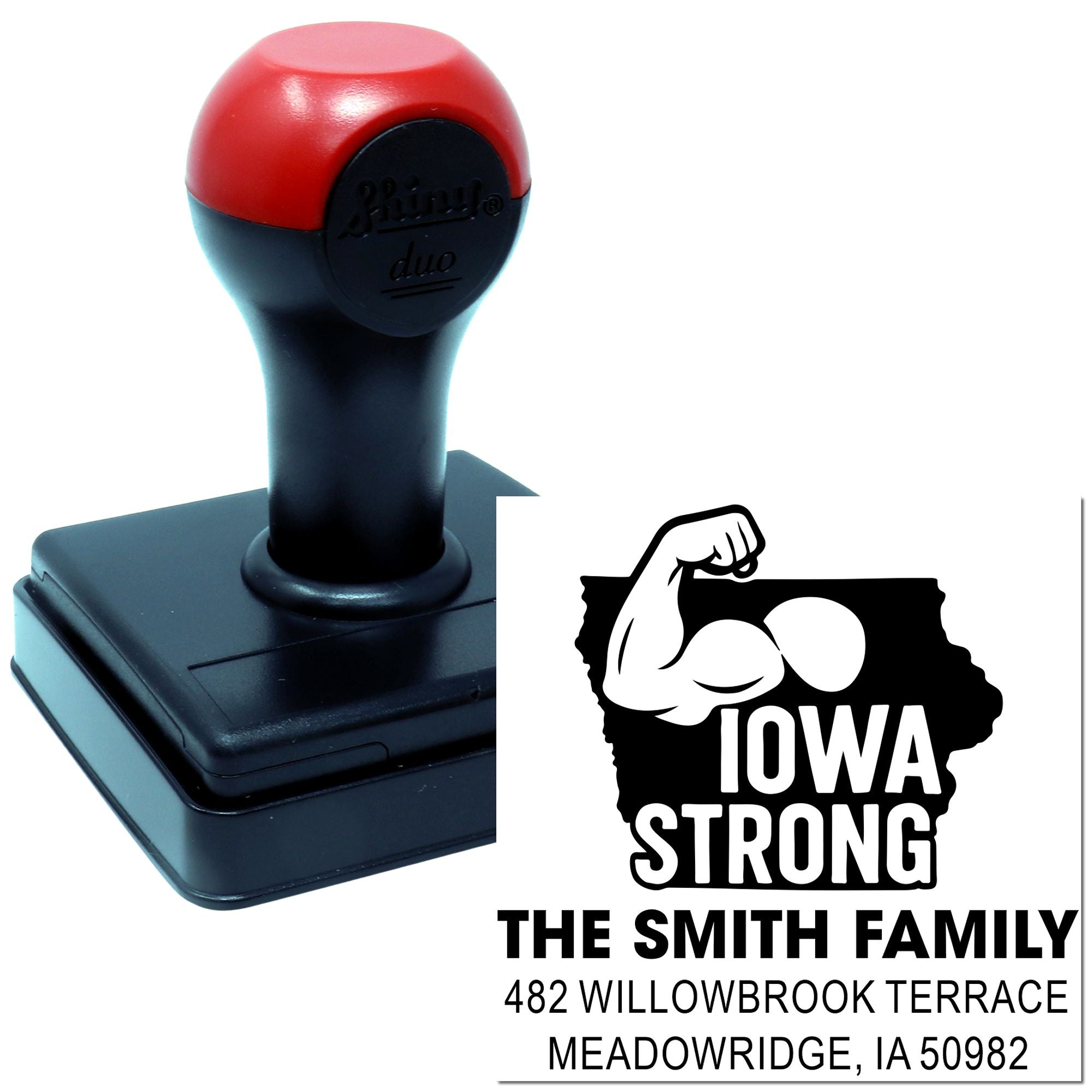 Custom self-inking rubber stamp with Iowa Strong return address design for personalized family mailing labels and envelopes