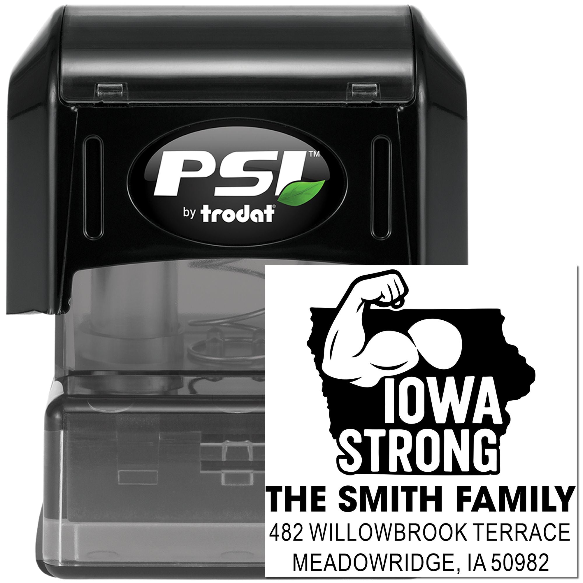 PSI by Trodat custom rubber stamp with Iowa Strong design, Smith family name, and address for personalized mailing.