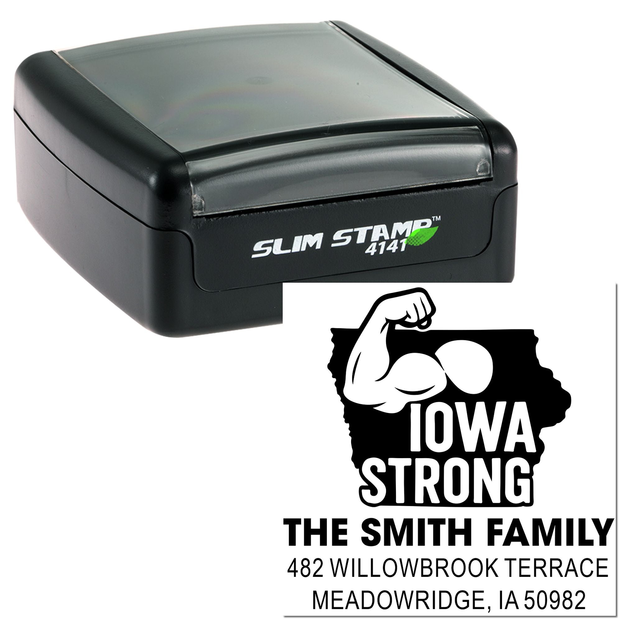 Custom self-inking rubber stamp with Iowa Strong family address design, Slim Stamp 4141, for personalized mailing labels.