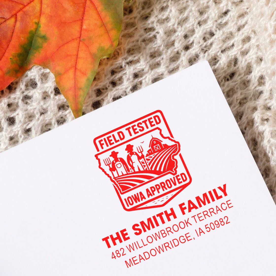 Custom return address rubber stamp with Field Tested Iowa Approved design for The Smith Family in Meadowridge, Iowa.