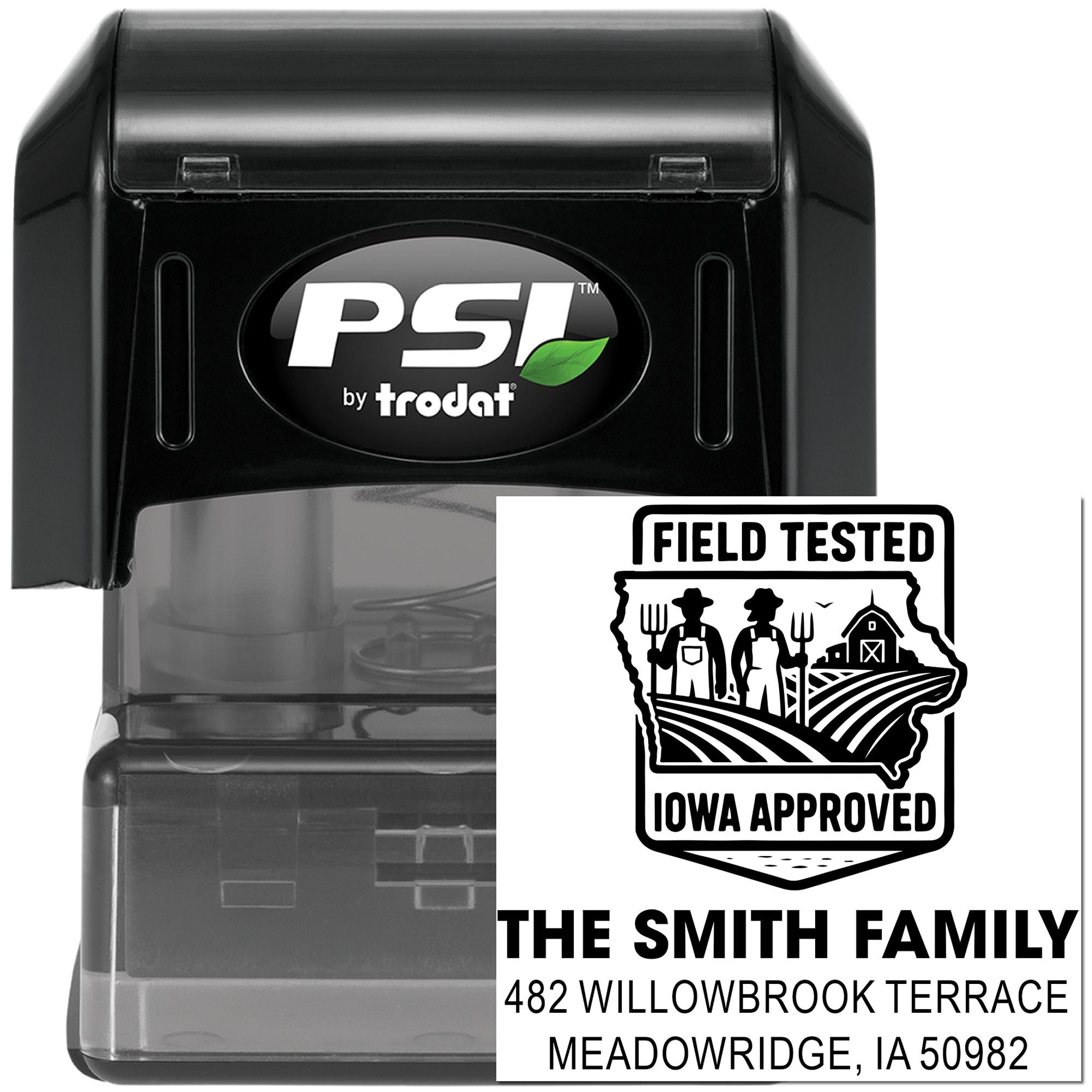 PSI by Trodat self-inking custom address rubber stamp with Iowa Approved farm design for return mail, cards, and labels.