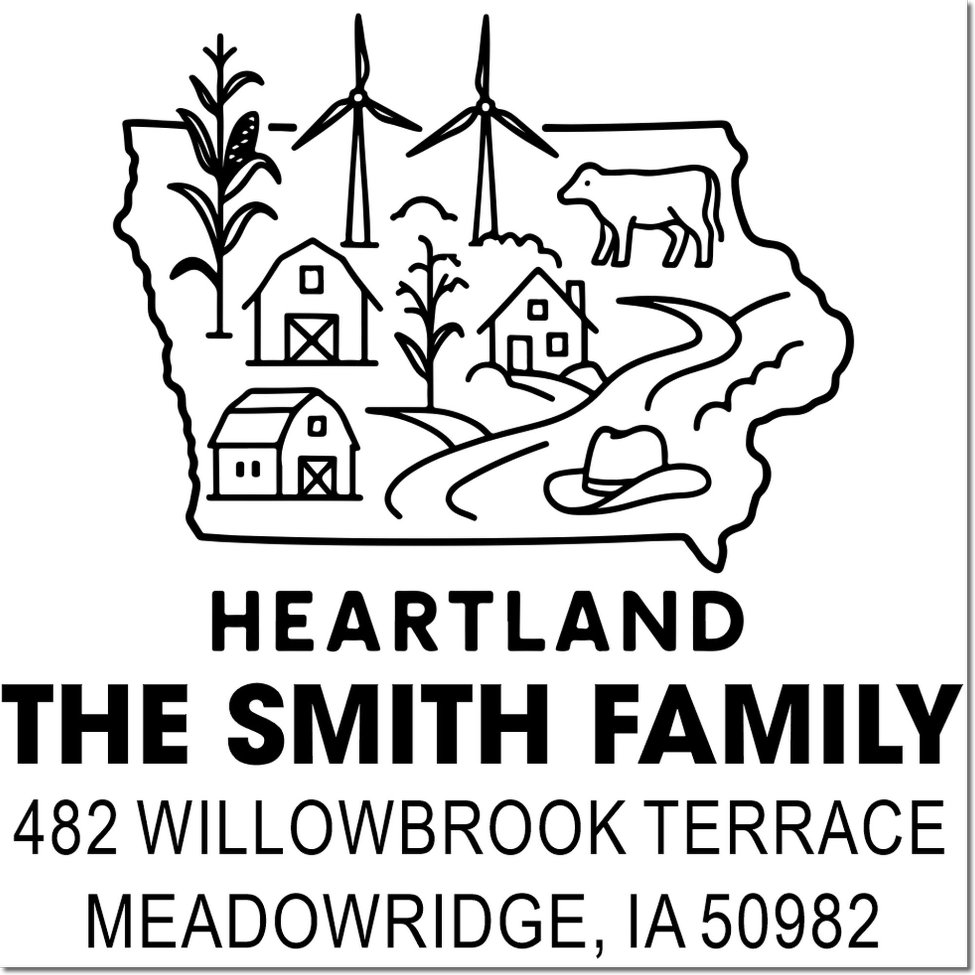 Custom Iowa farm family return address rubber stamp for The Smith Family, Heartland design with barn, cow, and wind turbines.