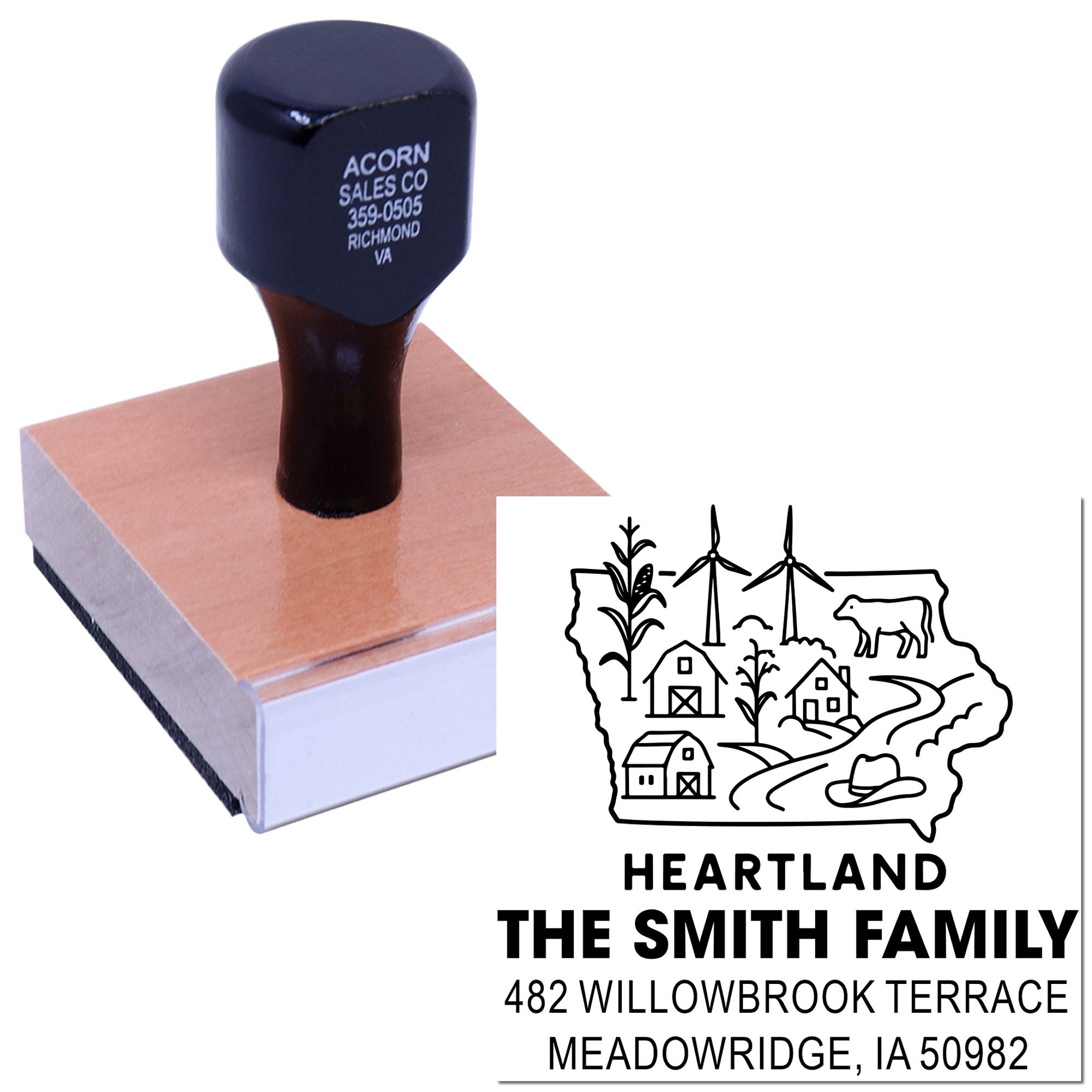 Personalized return address rubber stamp for The Smith Family with Heartland farm design and Meadowridge, IA address.