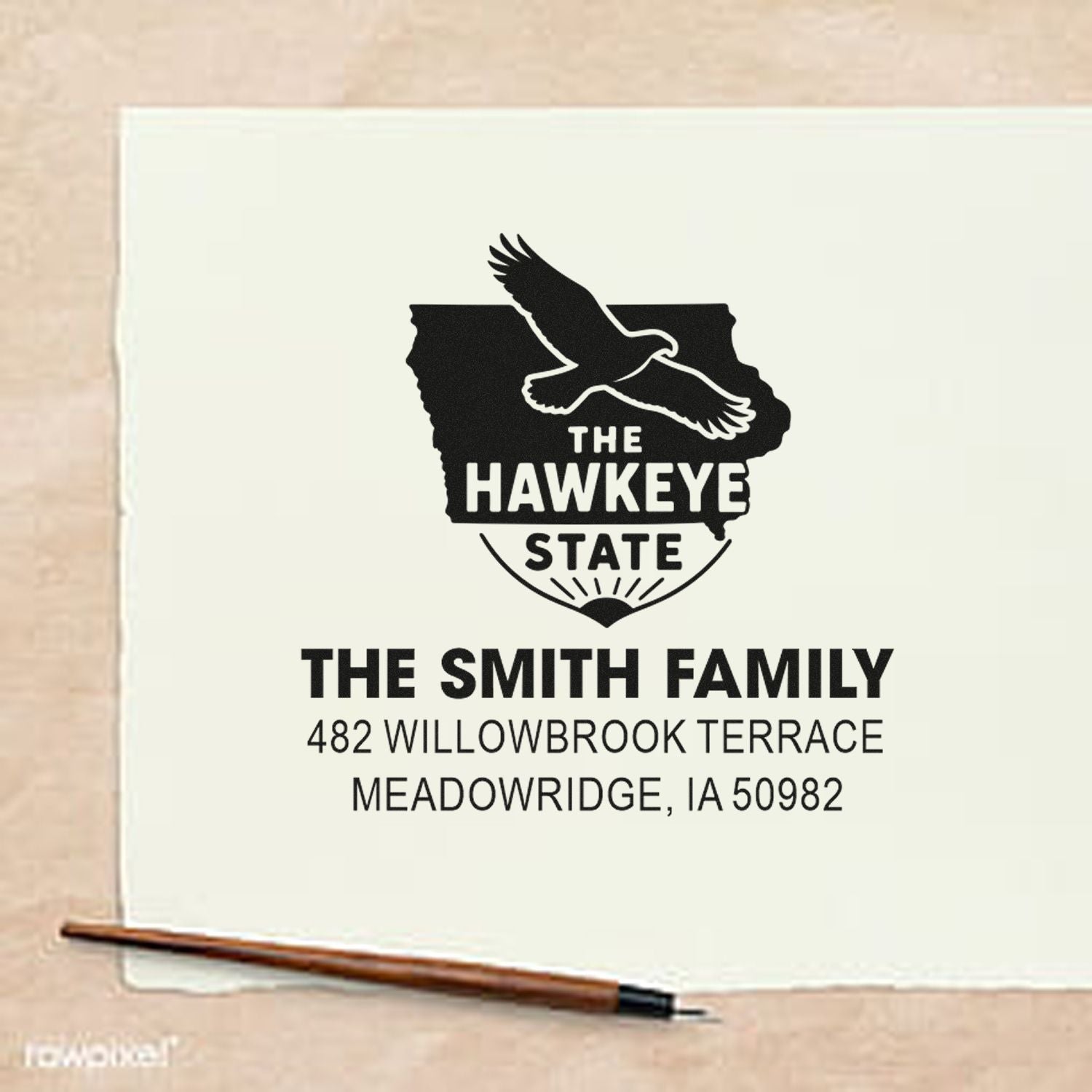 Personalized family return address stamp with Iowa Hawkeye State design for The Smith Family in Meadowridge, IA