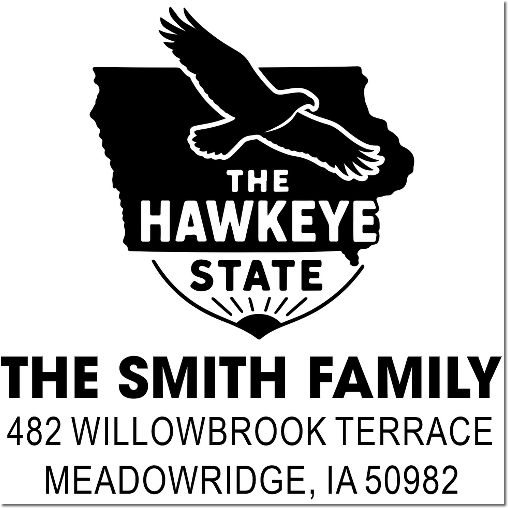 Custom Iowa Hawkeye State family address rubber stamp with eagle design for The Smith Family, Meadowridge, IA 50982.