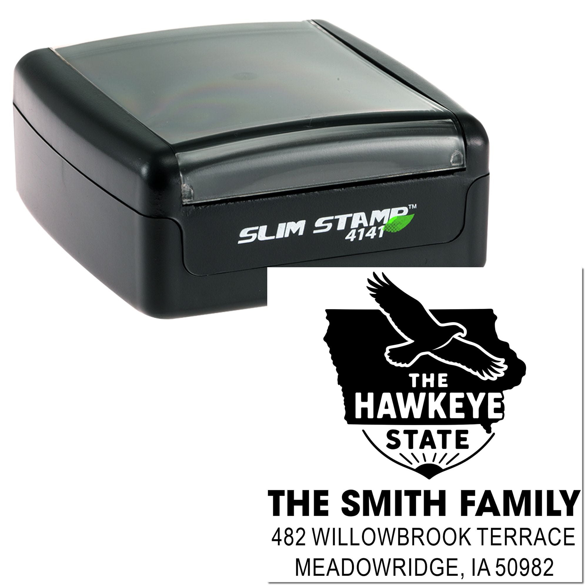 Slim self-inking return address rubber stamp with Iowa Hawkeye State design for The Smith Family.