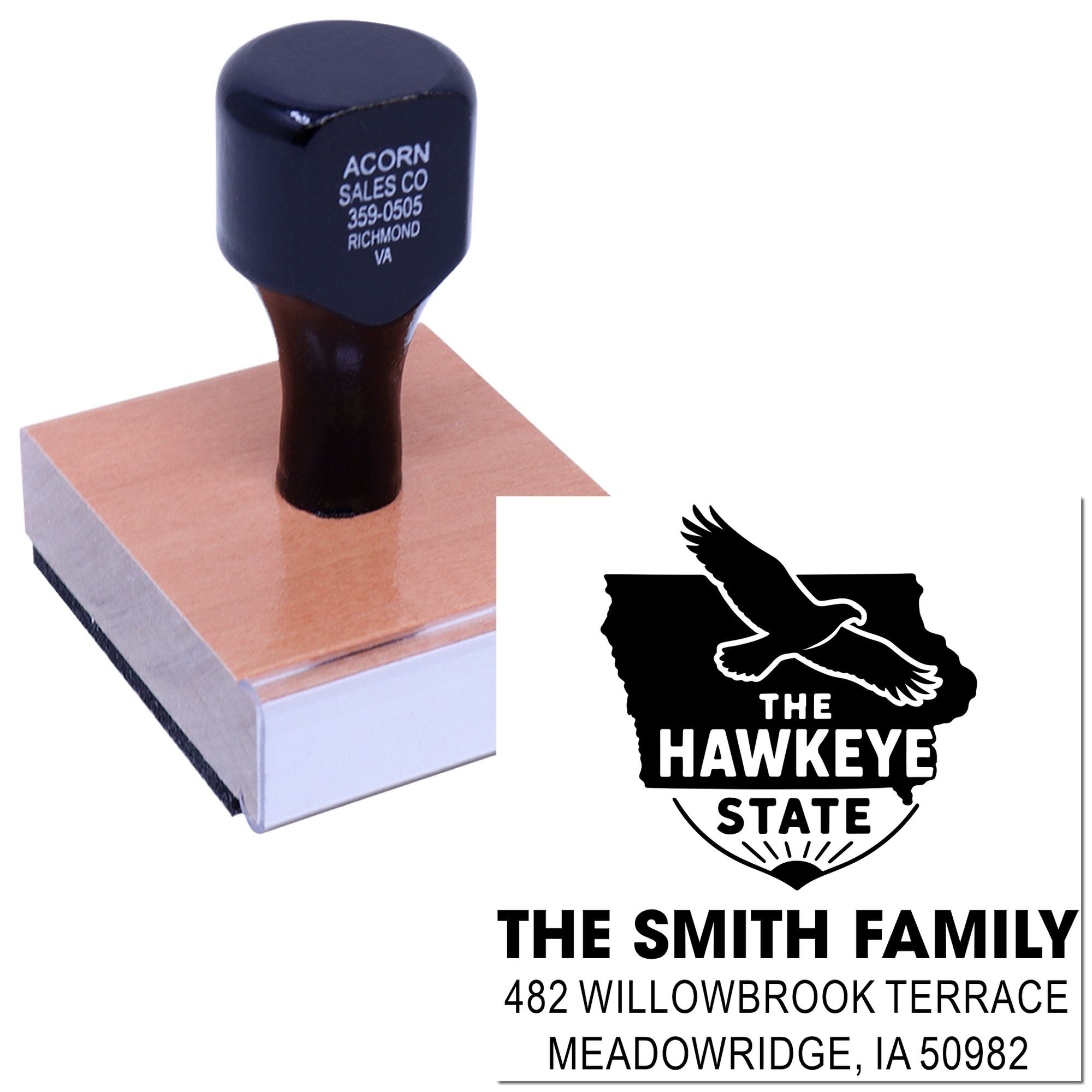 Custom rubber return address stamp featuring Hawkeye State design, family name, and mailing address for personalized envelopes.