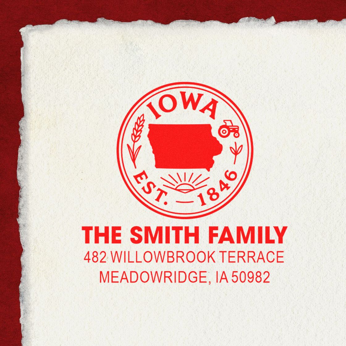 Personalized Iowa family return address rubber stamp with Smith family name and Meadowridge, IA address.