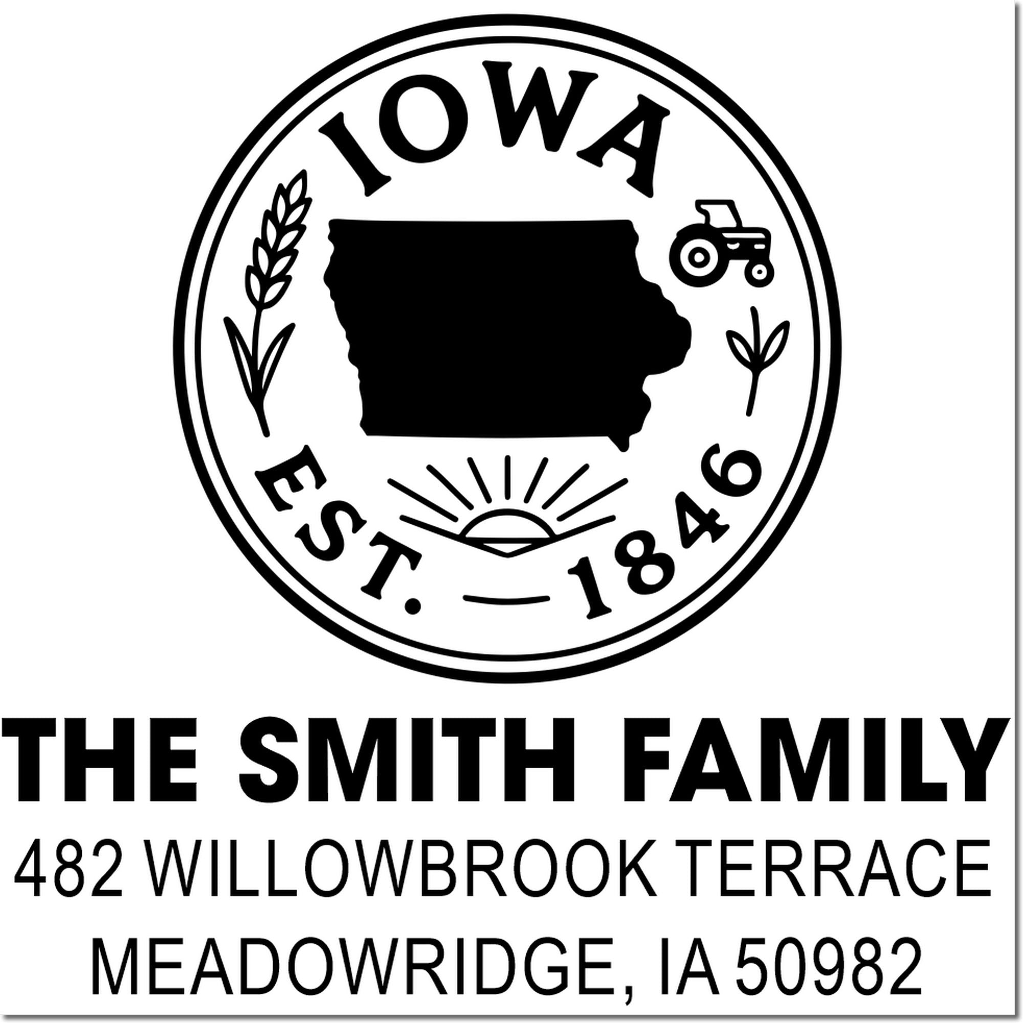 Iowa state-shaped custom address rubber stamp for The Smith Family, 482 Willowbrook Terrace, Meadowridge, IA 50982.