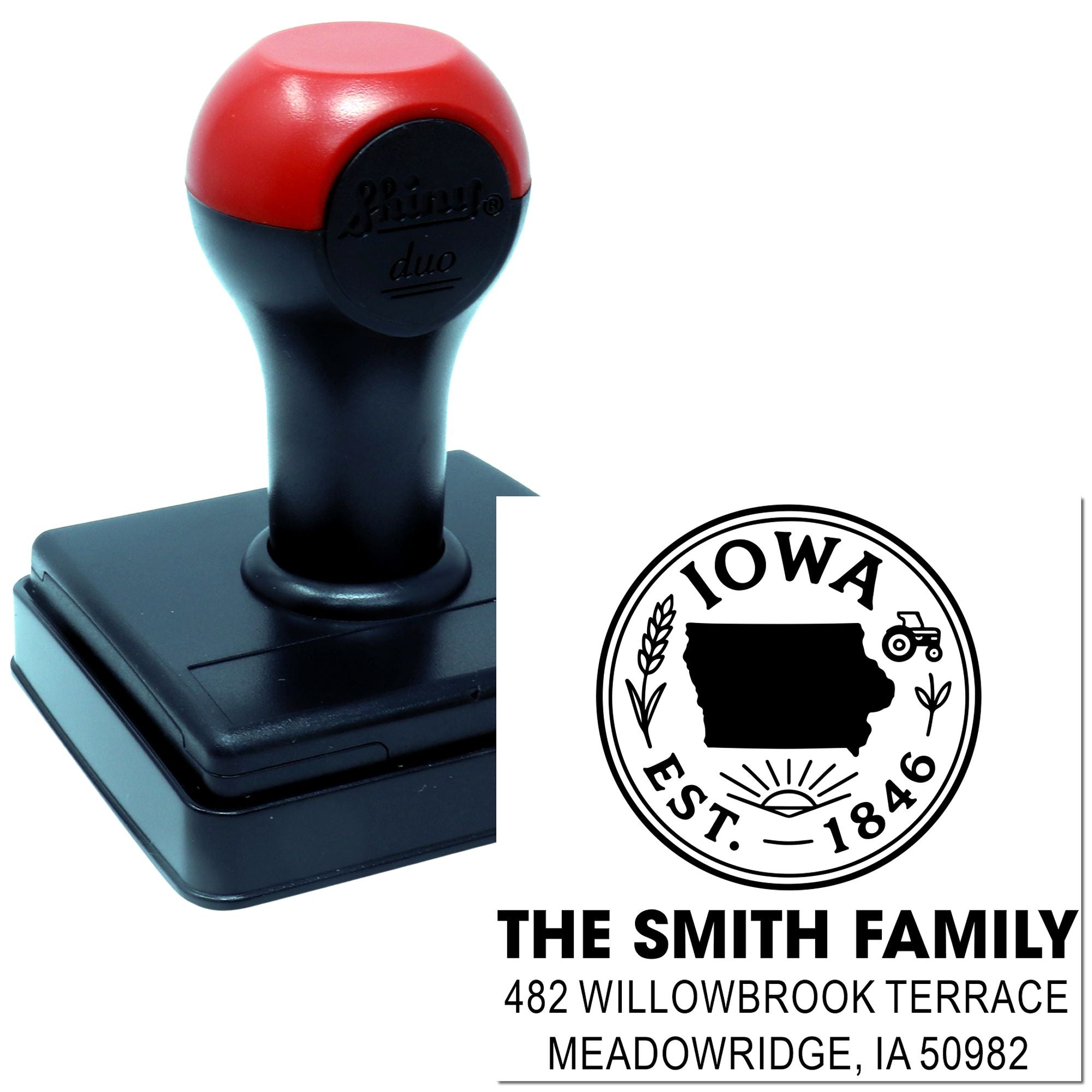 Custom Iowa family address rubber stamp, self-inking return address stamp for personalized mail and home use.