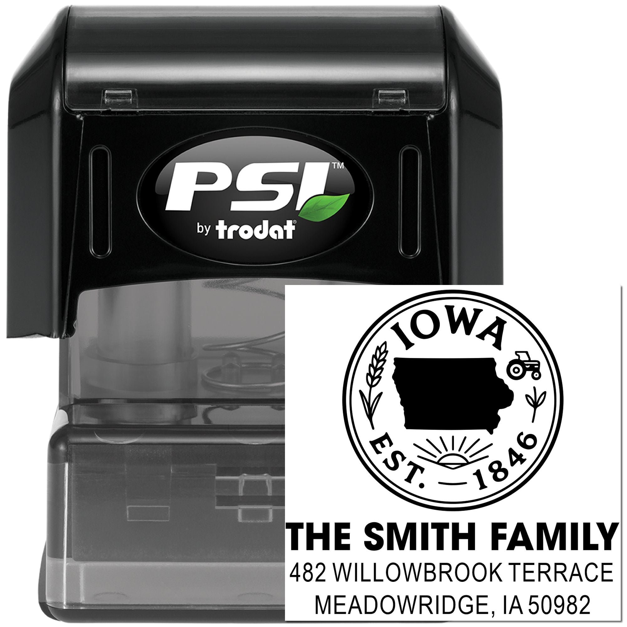 Custom Iowa family address rubber stamp with PSI by Trodat self-inking stamp for personalized mailing and return addresses