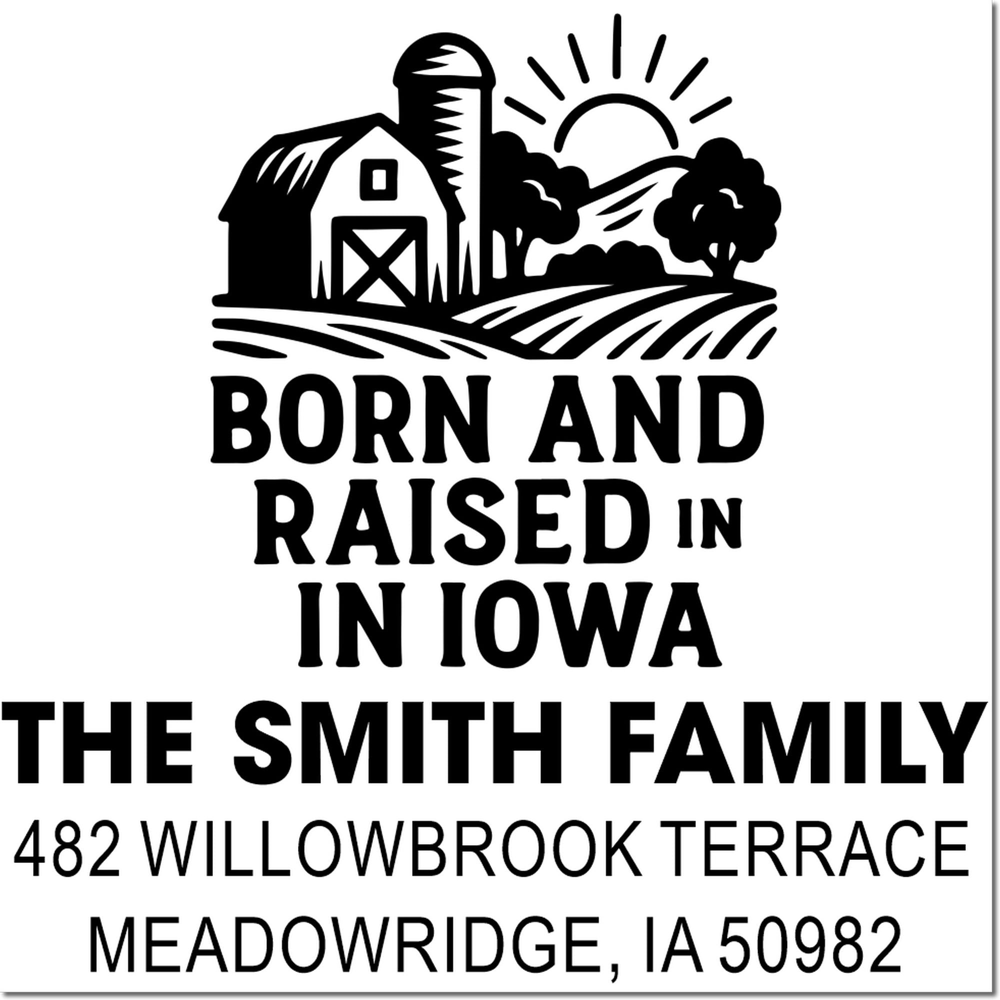 Barn-themed custom Iowa return address rubber stamp for The Smith Family, Meadowridge, IA.