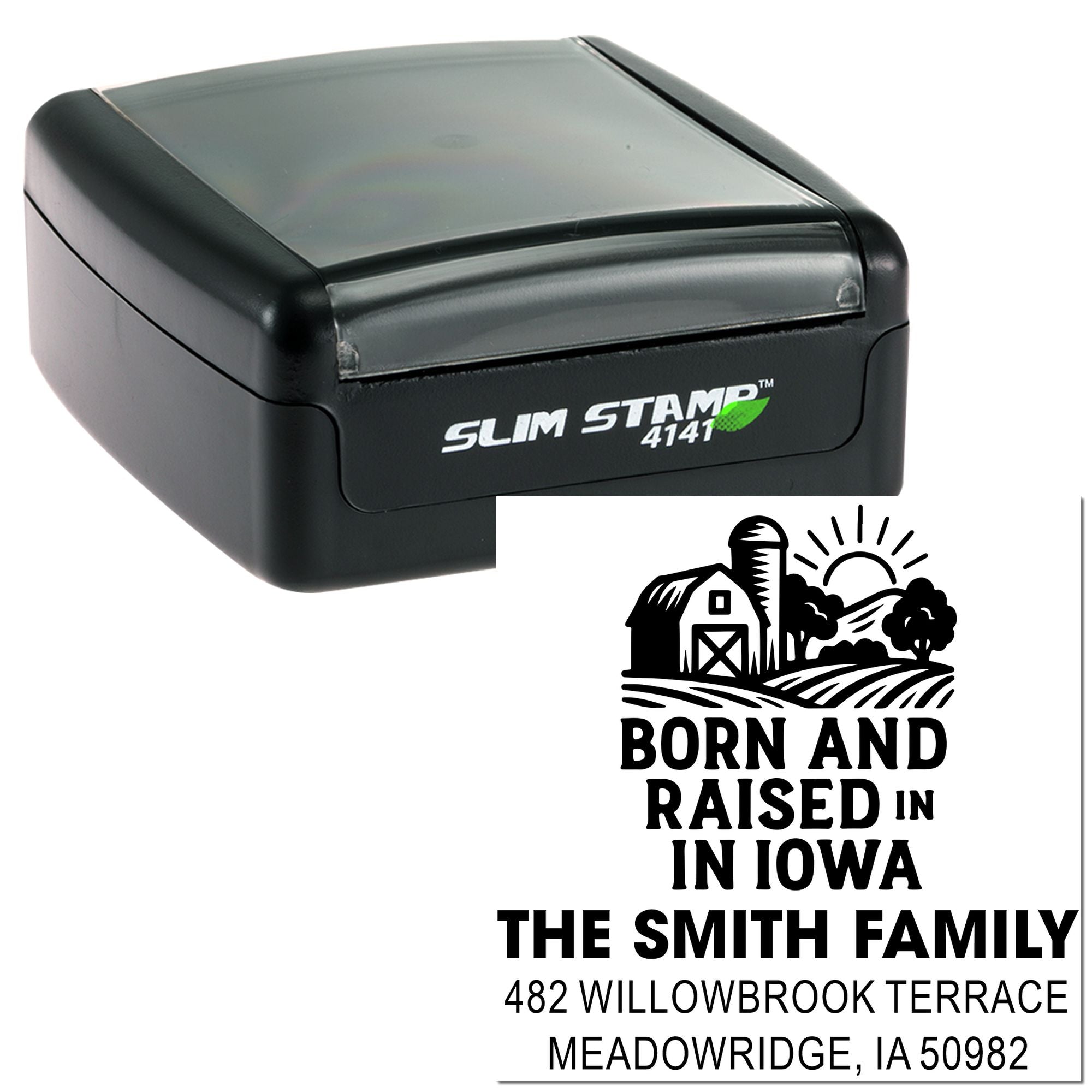 Slim Stamp 4141 custom self-inking rubber stamp with Iowa farmhouse design, family name, and address.