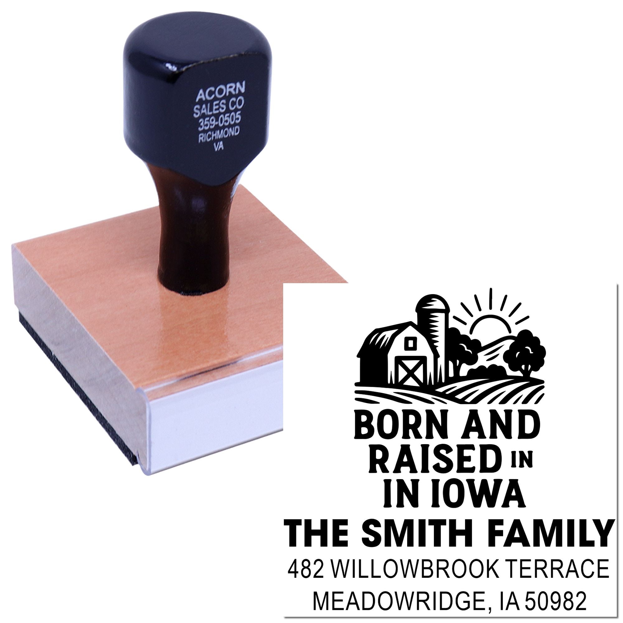 Custom rubber stamp with farmhouse design and personalized Born and Raised in Iowa return address imprint.