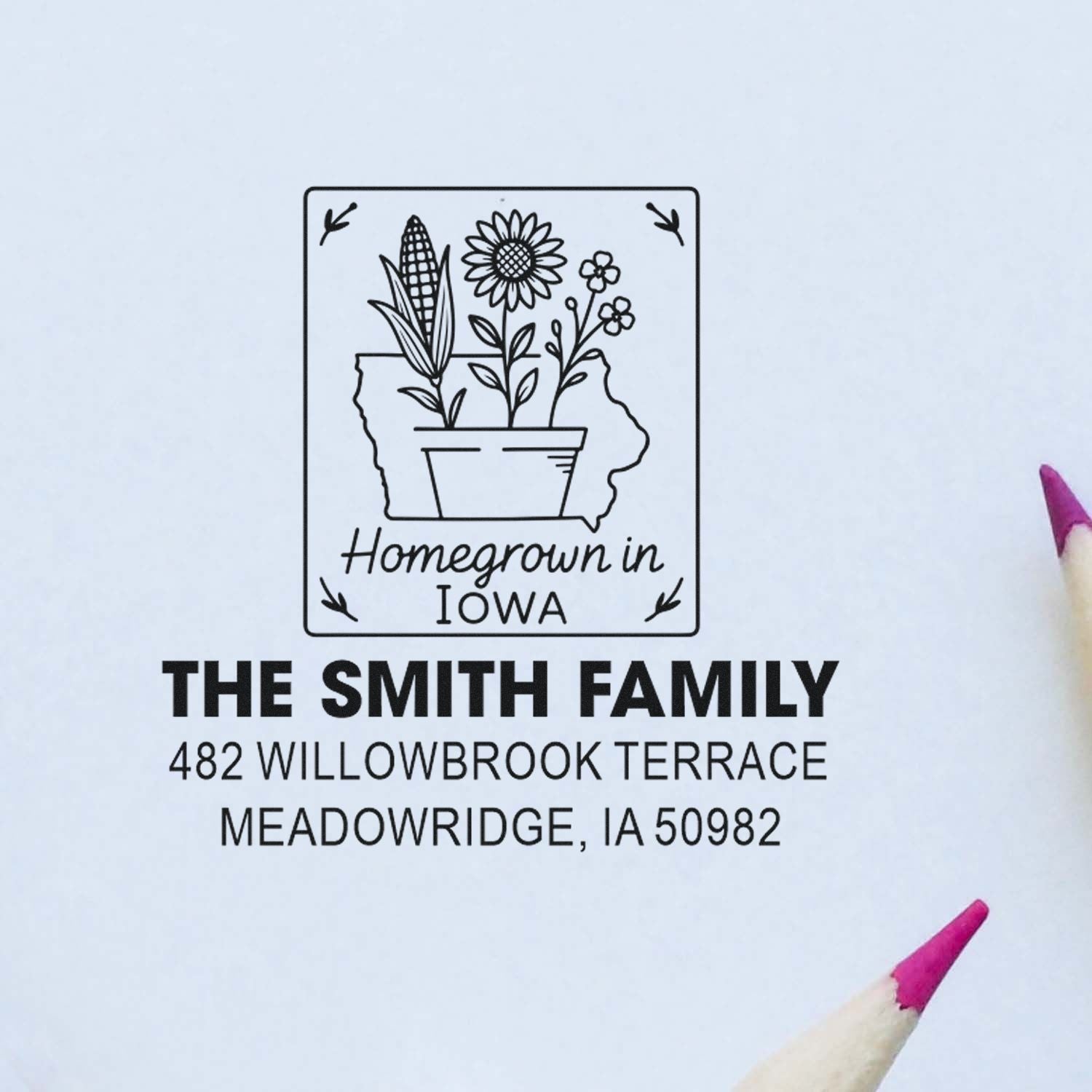 Custom return address rubber stamp with Homegrown in Iowa floral design for The Smith Family in Meadowridge, IA 50982