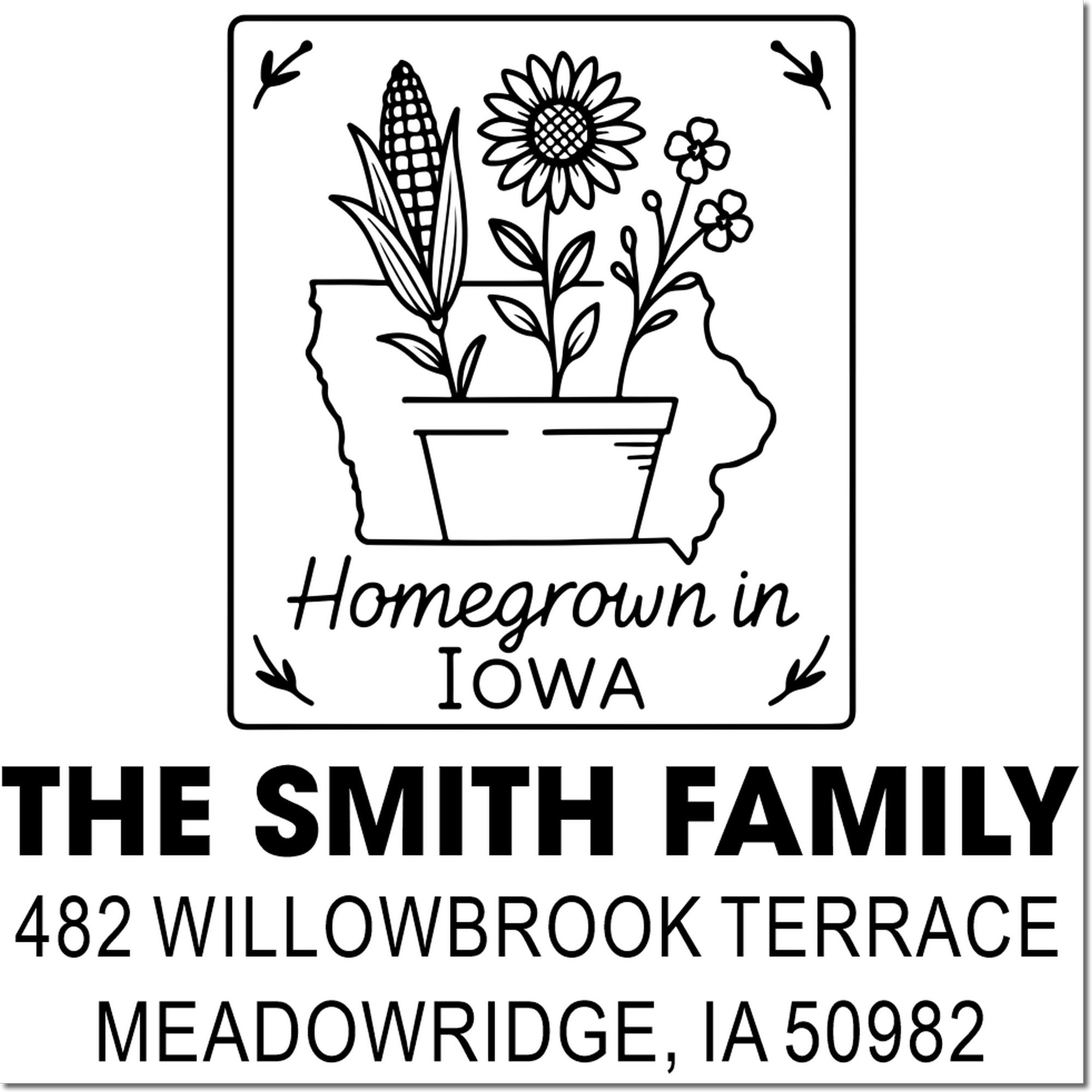 Custom rubber stamp design reading Homegrown in Iowa with flowers, state outline, family name, and address.