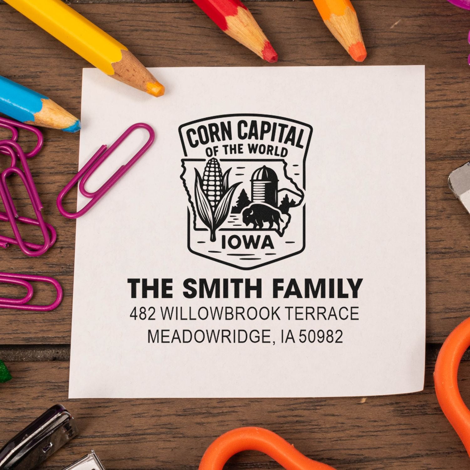 Custom personalized return address rubber stamp with Iowa corn capital logo for The Smith Family in Meadowridge, IA.