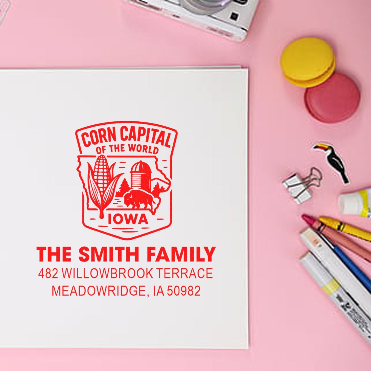 Custom rubber address stamp with Iowa Corn Capital design for The Smith Family, featuring name and Meadowridge, IA return address.