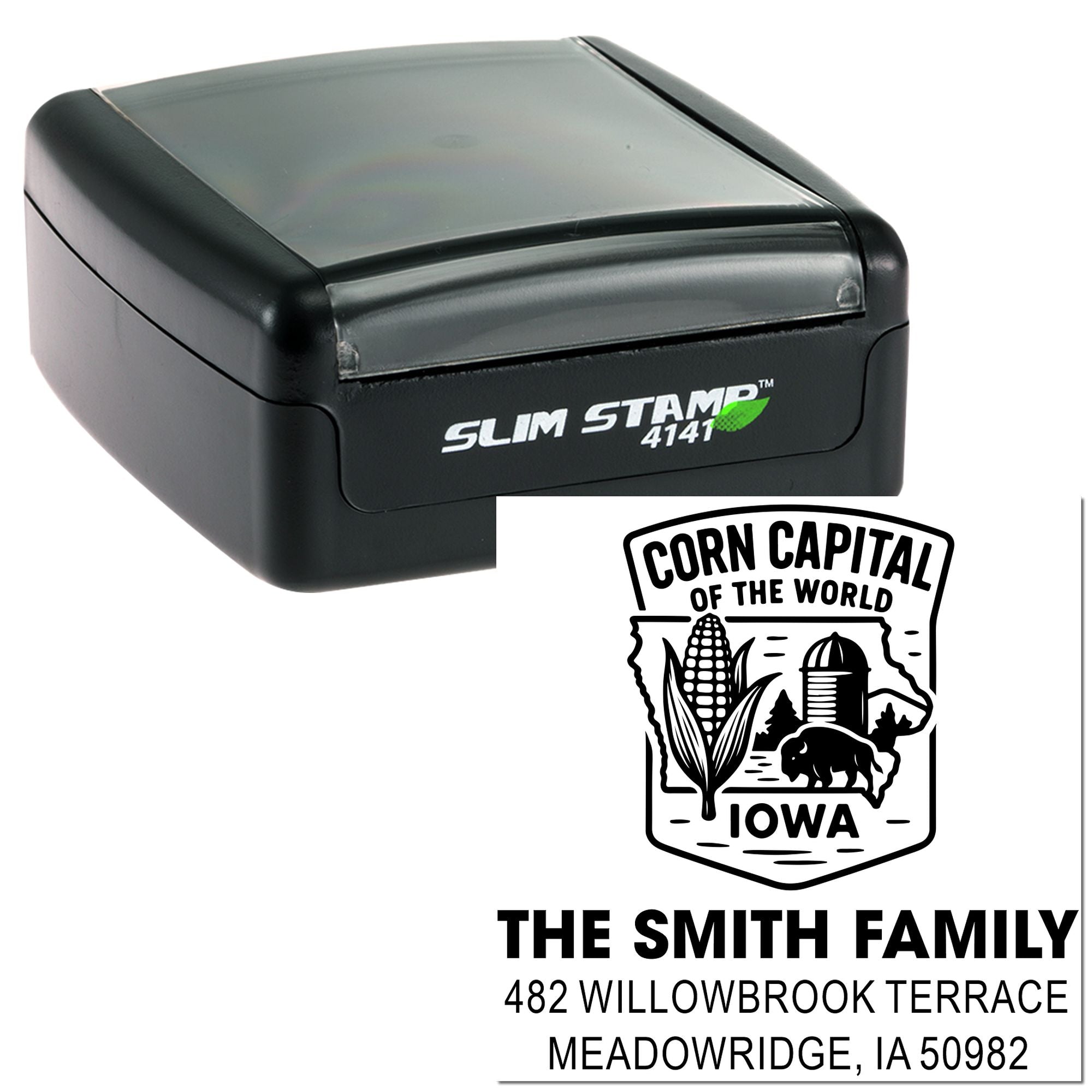 Personalized self-inking rubber stamp with Iowa farm logo and The Smith Family return address imprint.